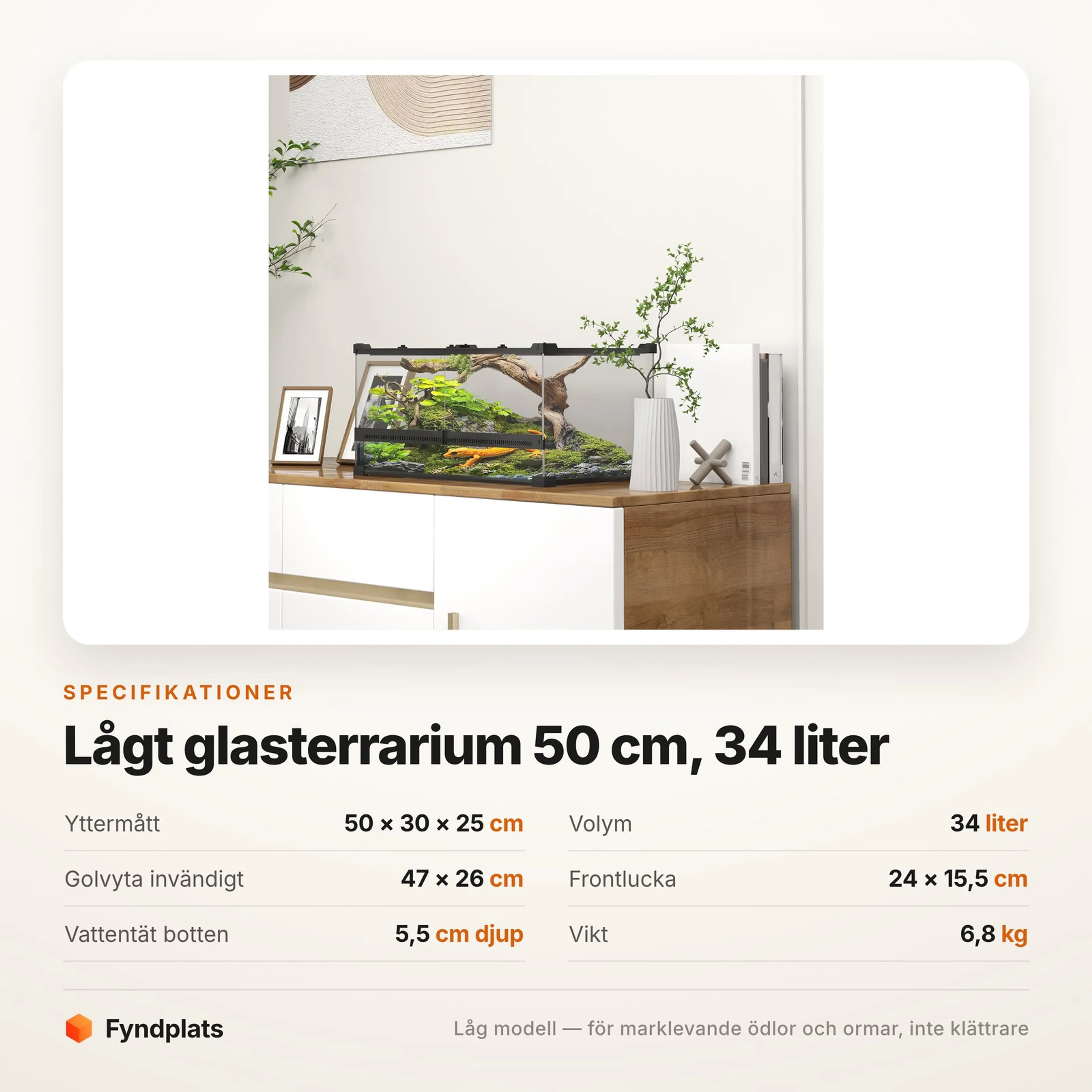 Lågt glasterrarium 50 × 30 × 25 cm, 34 liter – bild 4