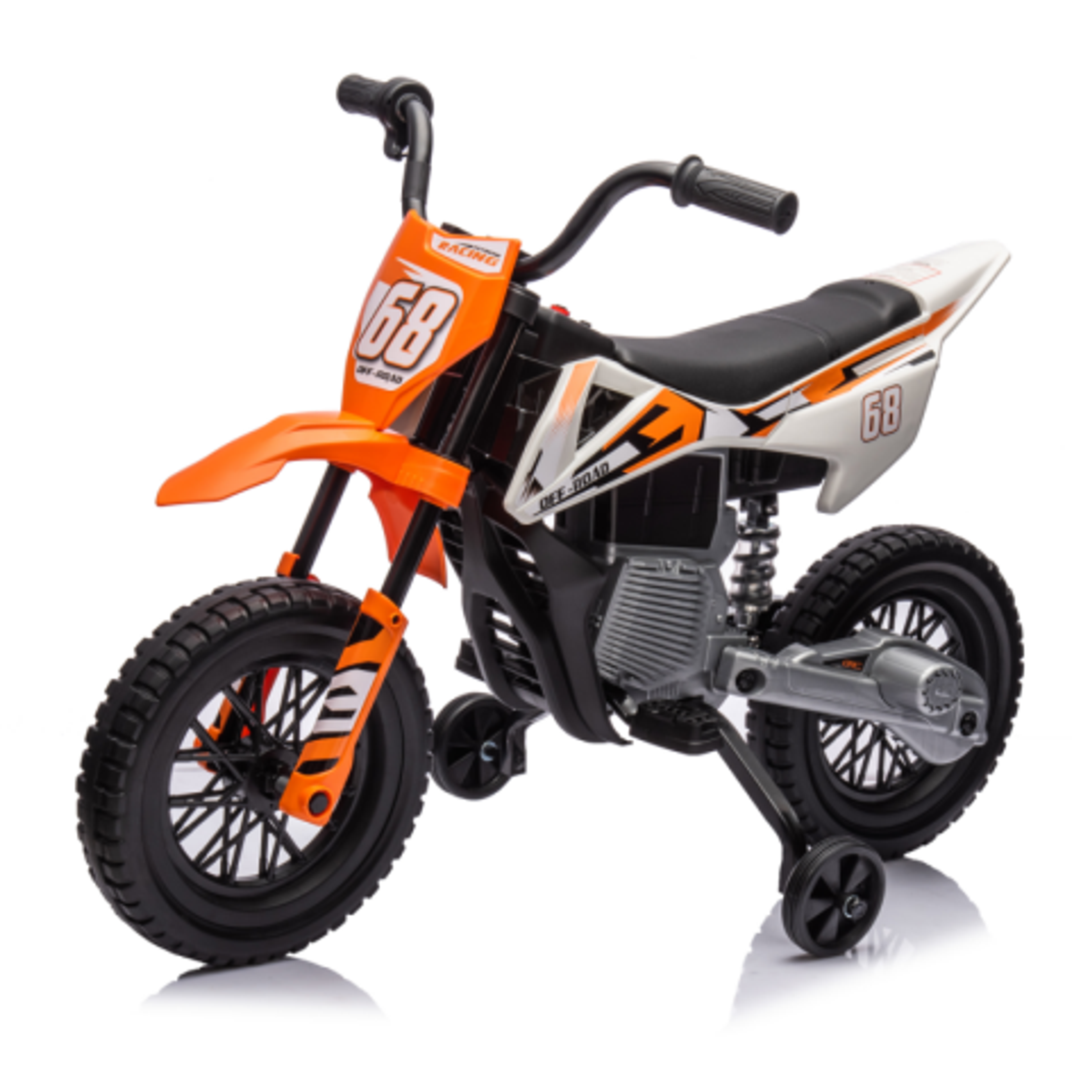 Elmotorcykel för barn 12 V med stödhjul – vridgas, musik och 2,4–5 km/h i färgen orange
