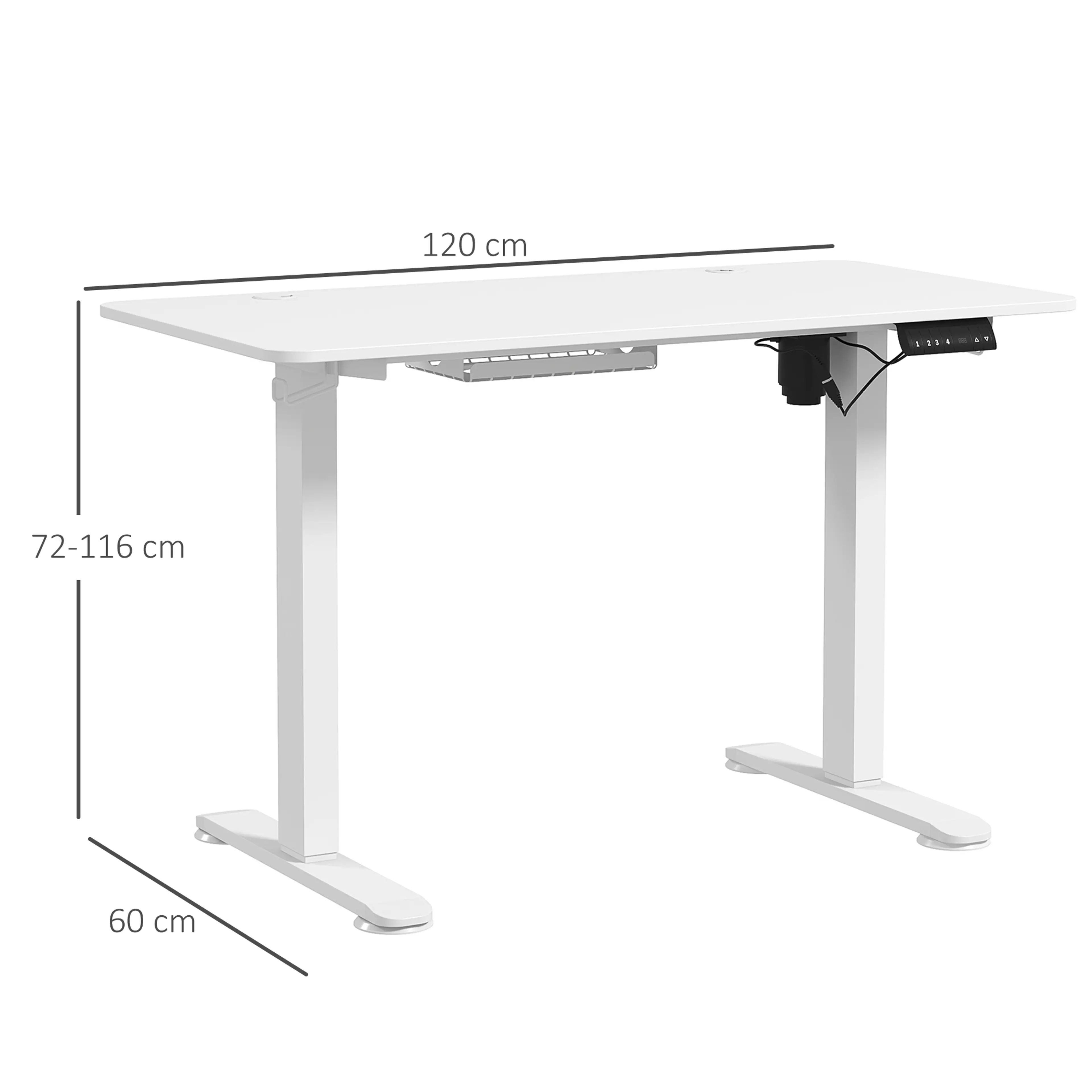 Måttskiss: skiva 120 × 60 cm och höjd 72–116 cm