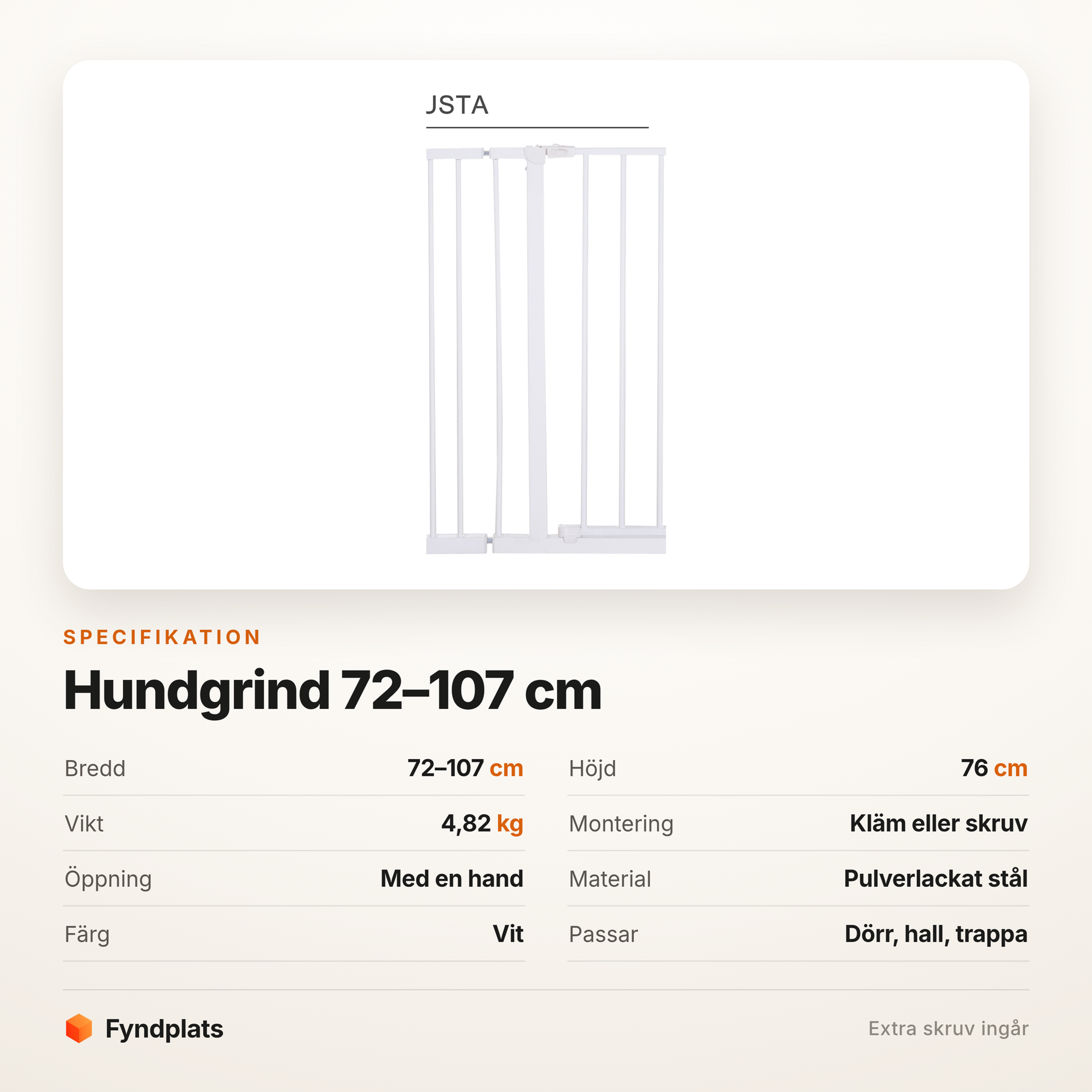 Specifikation för hundgrind 72–107 cm – 76 cm hög, pulverlackat stål