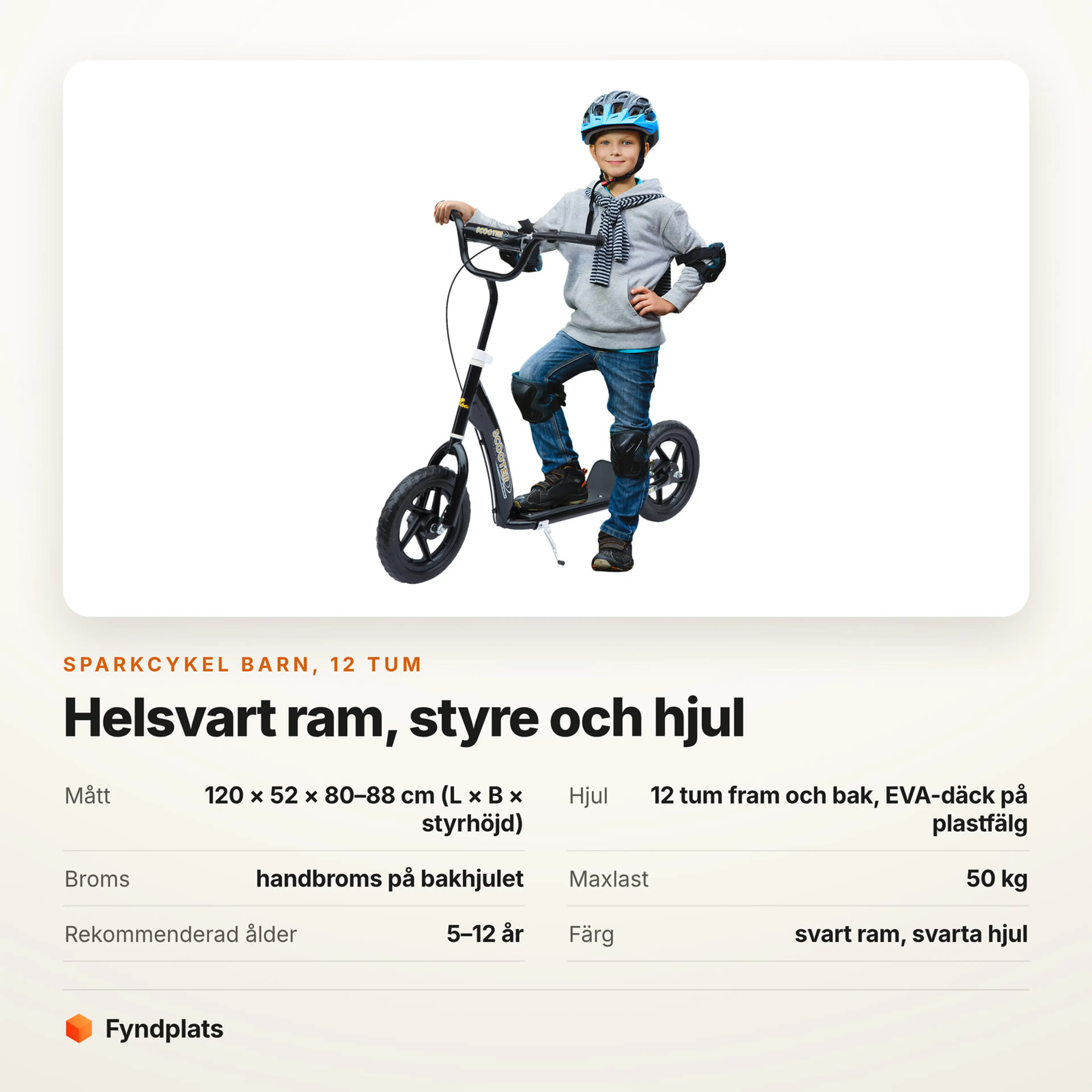 Faktakort för svart sparkcykel barn: 120 cm lång och maxlast 50 kg