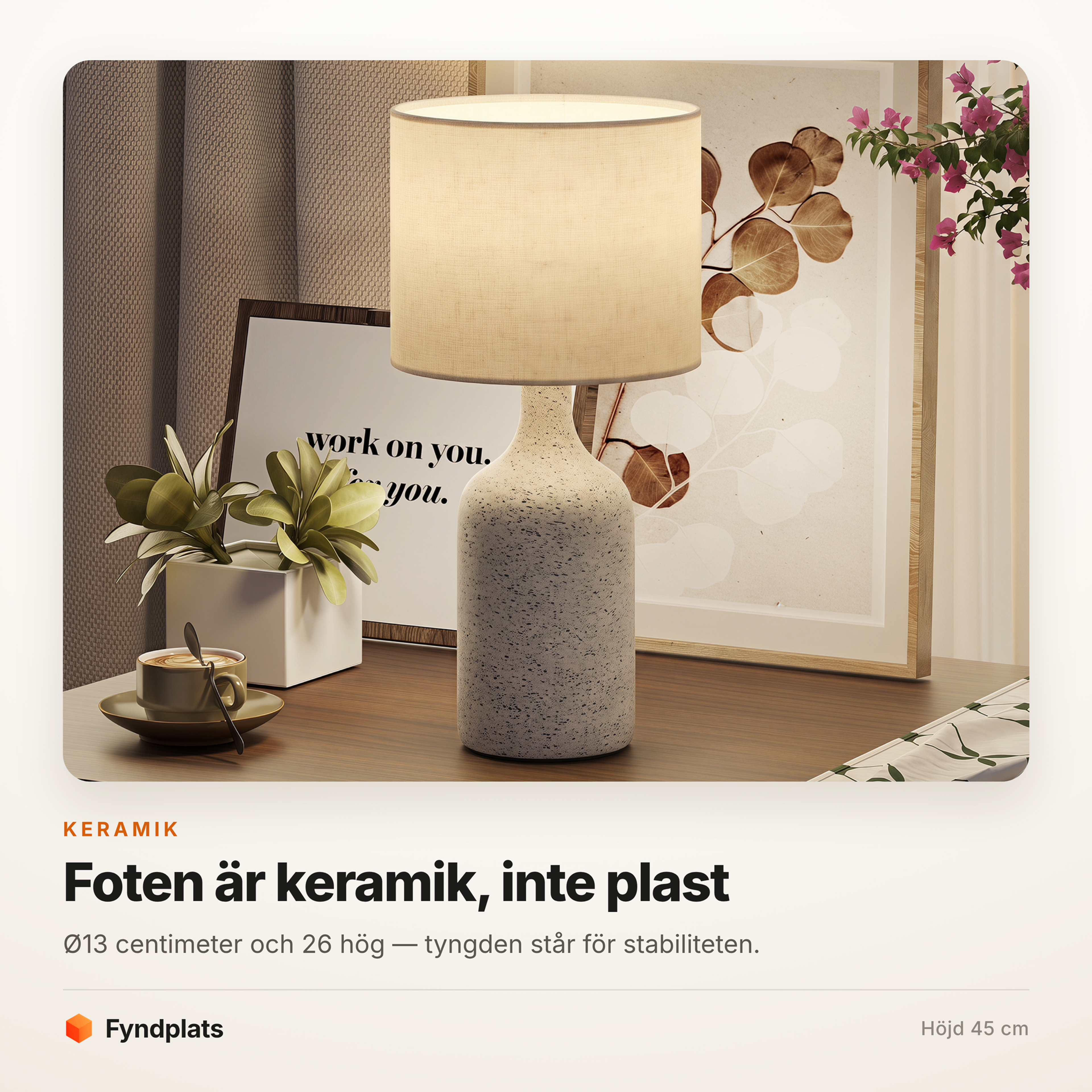 Bordslampa i keramik 45 cm – sandfärgad fot och skärm i linnelook – bild 2
