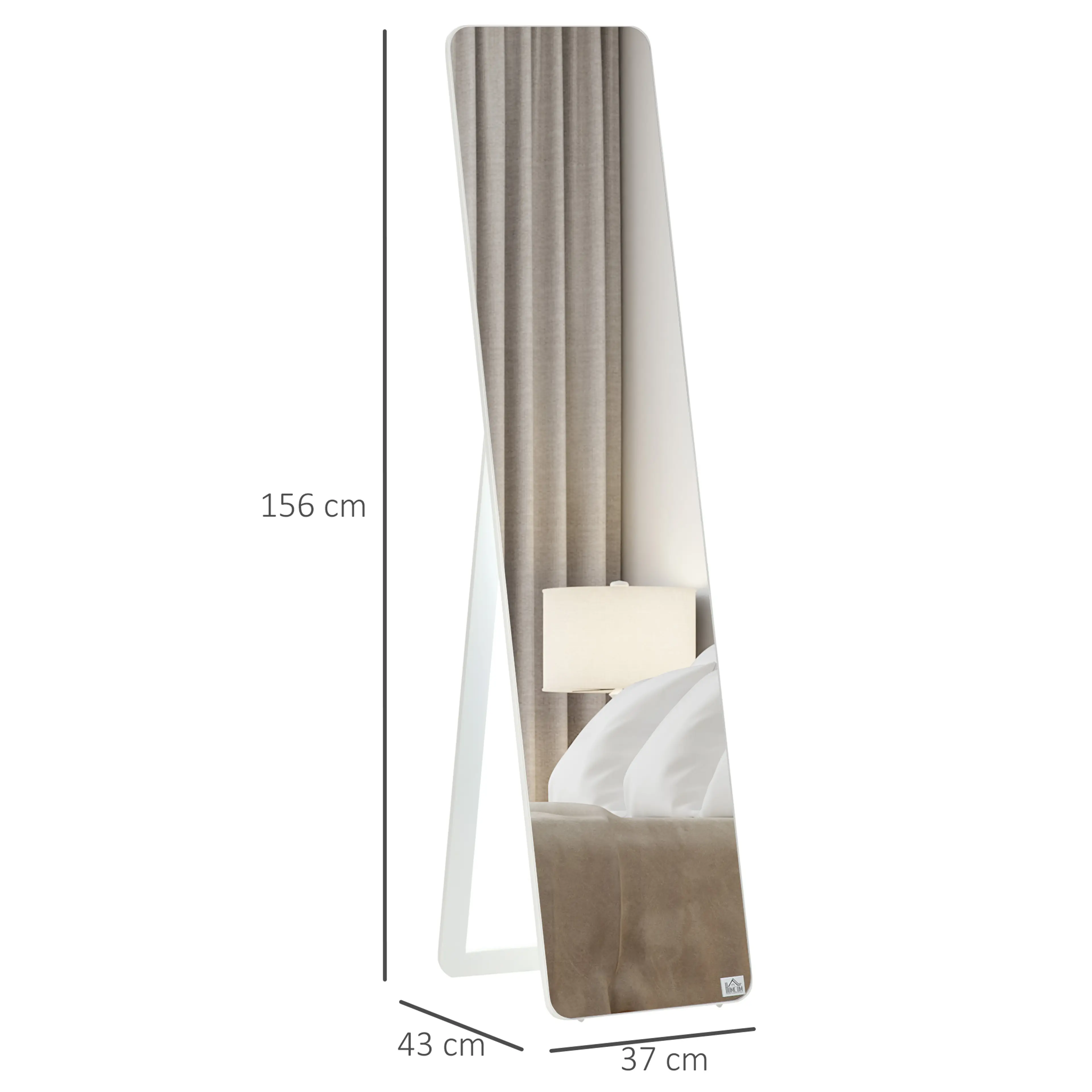 Måttbild: spegeln står 156 cm hög, 37 cm bred och 43 cm djup med stödet utfällt