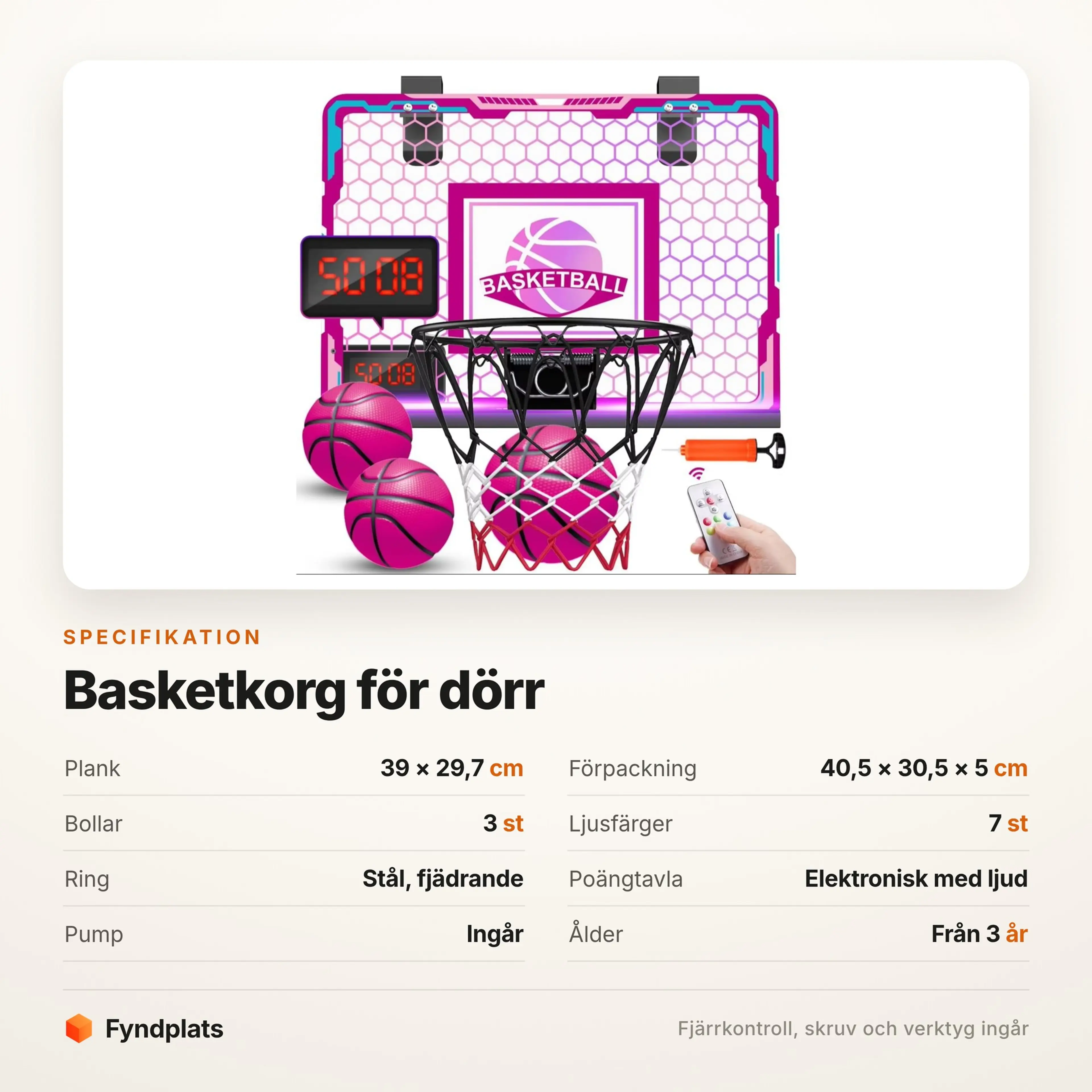 Specifikation: plank 39 × 29,7 cm, tre bollar, sju ljusfärger och pump