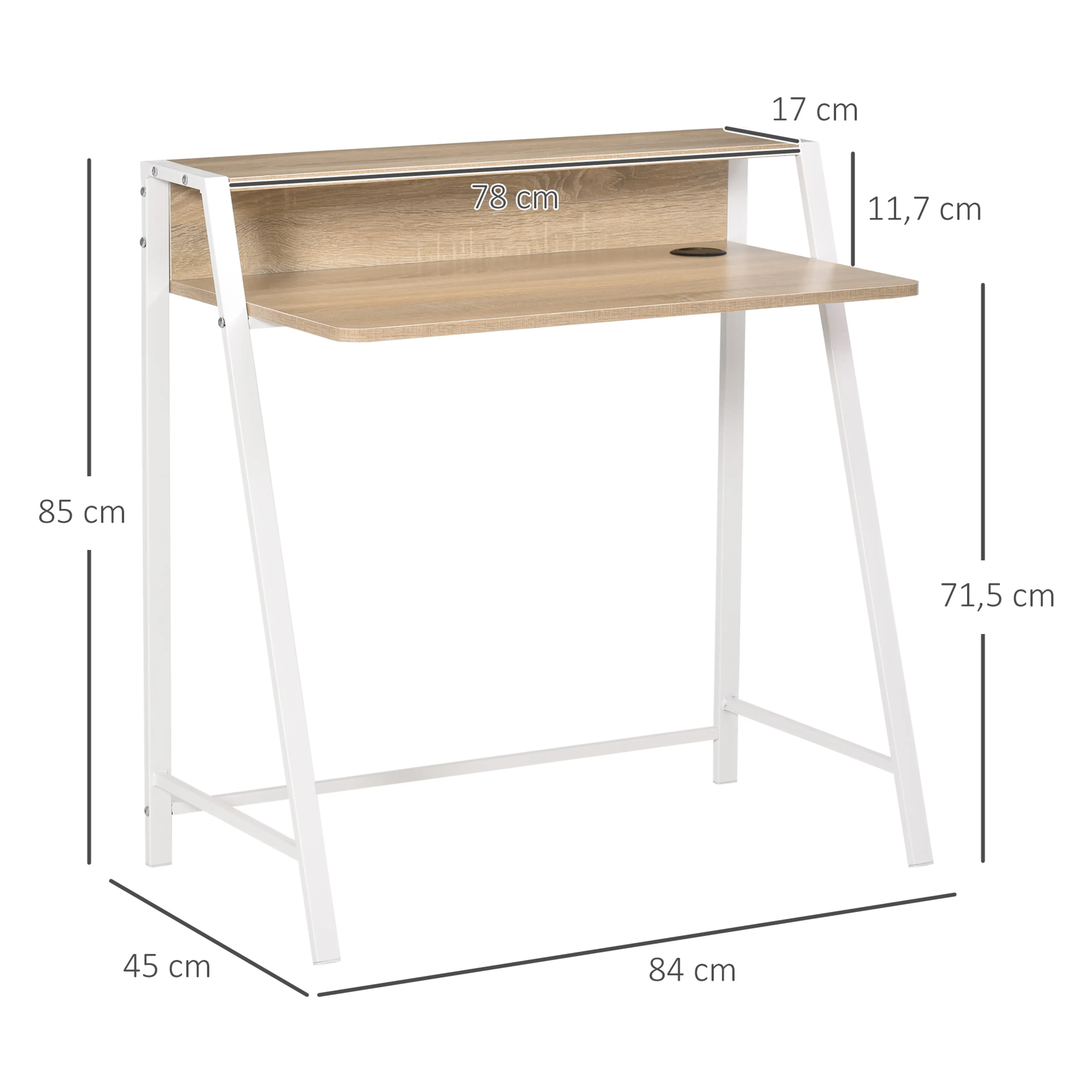 Måttbild: skrivbordet är 84 × 45 × 85 cm med arbetshöjd 71,5 cm, och hyllan är 78 cm bred, 17 cm djup och 11,7 cm hög