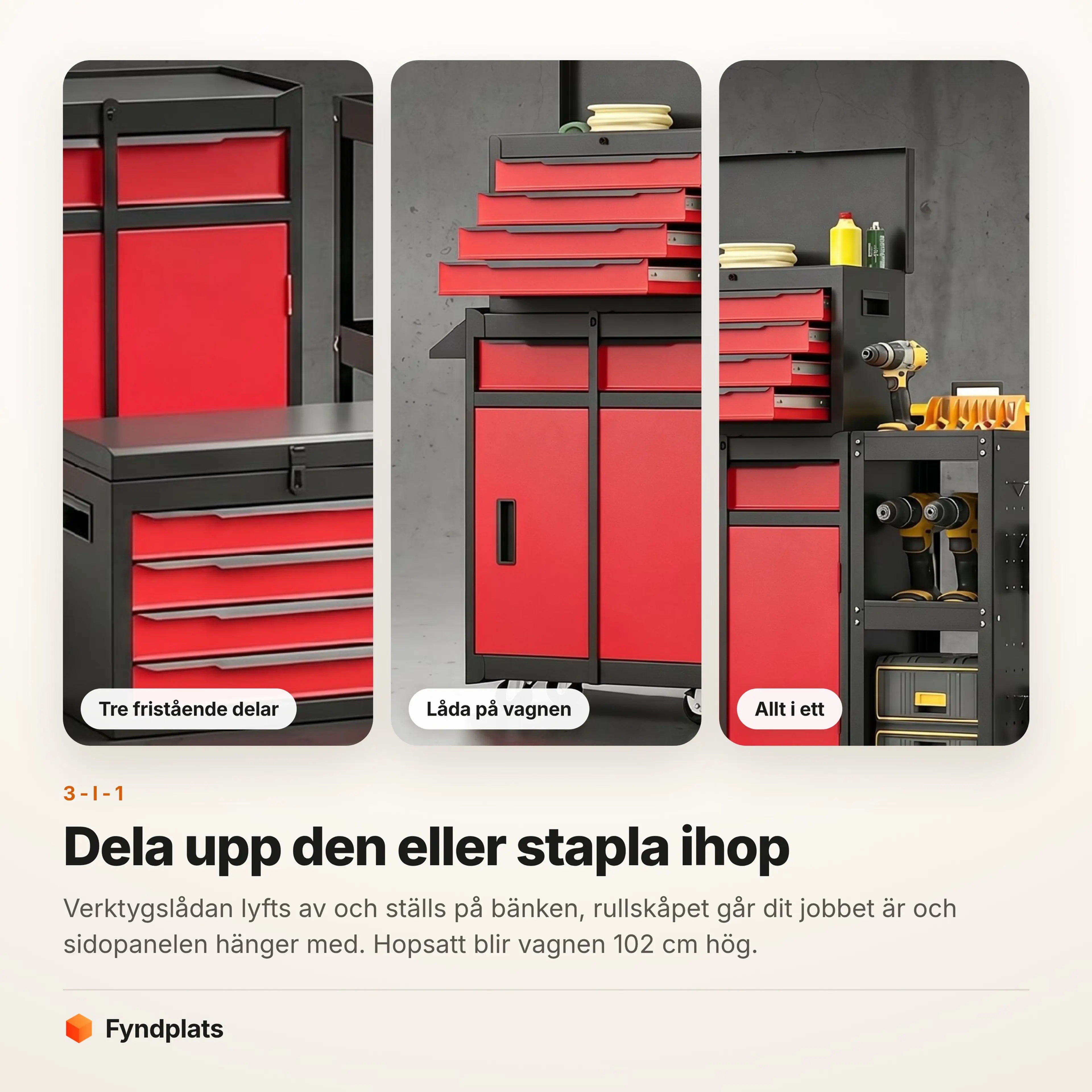 Verktygsvagnens tre delar visade separat, delvis och helt hopsatta