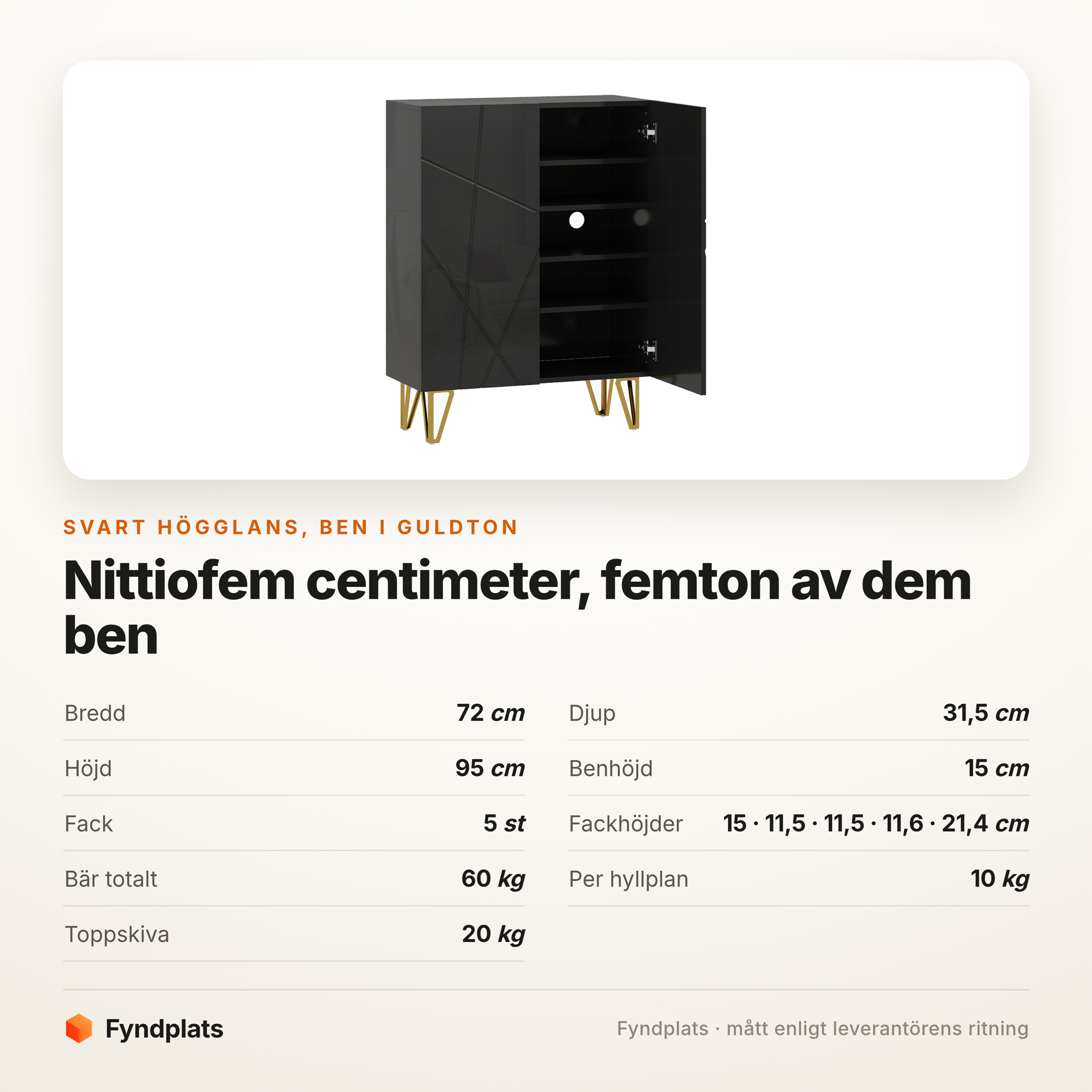 Skoskåp 72 cm i svart högglans – 15–20 par – bild 5