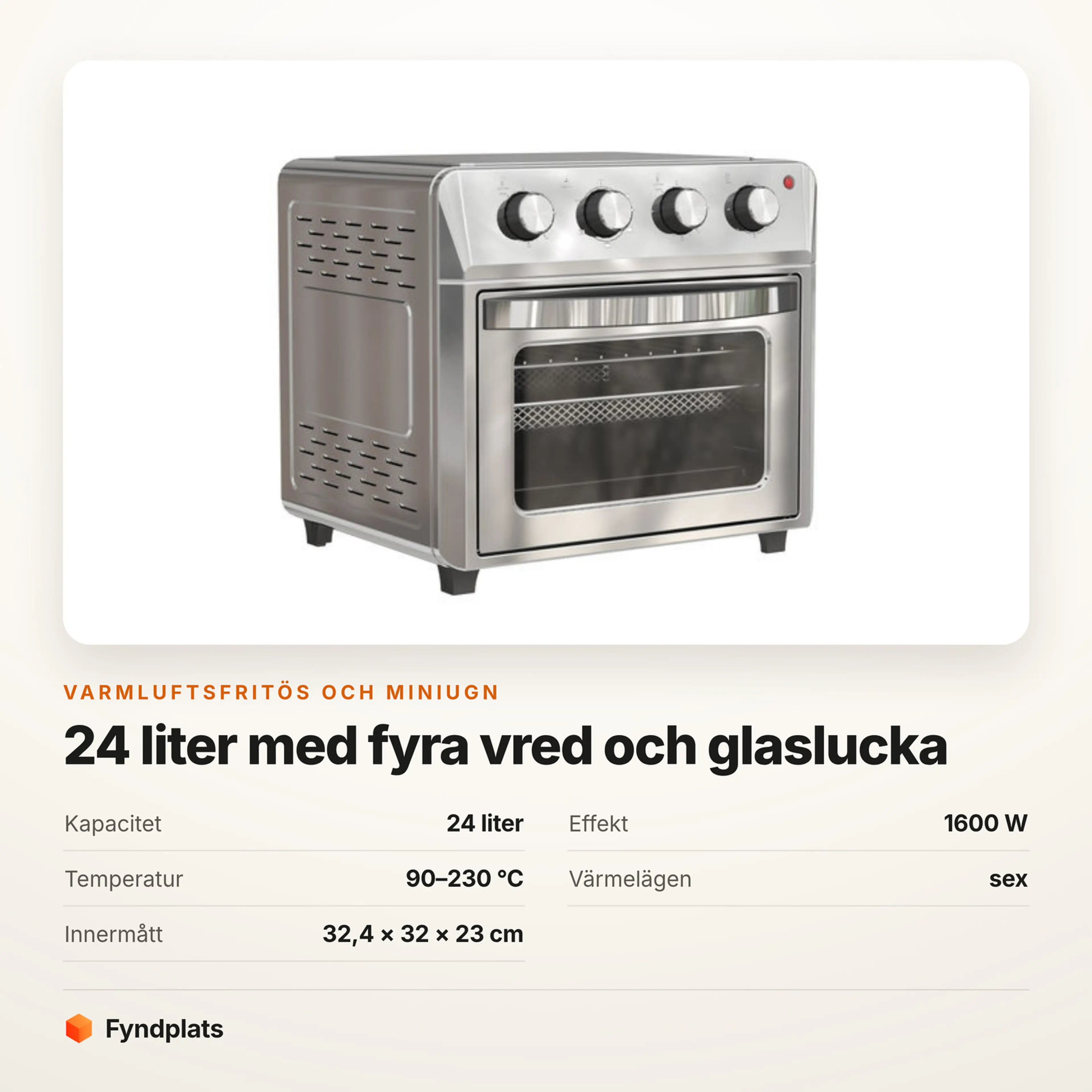 Faktakort: 24 liter, 1600 W, 90–230 °C och sex värmelägen. Innermått 32,4 × 32 × 23 cm.