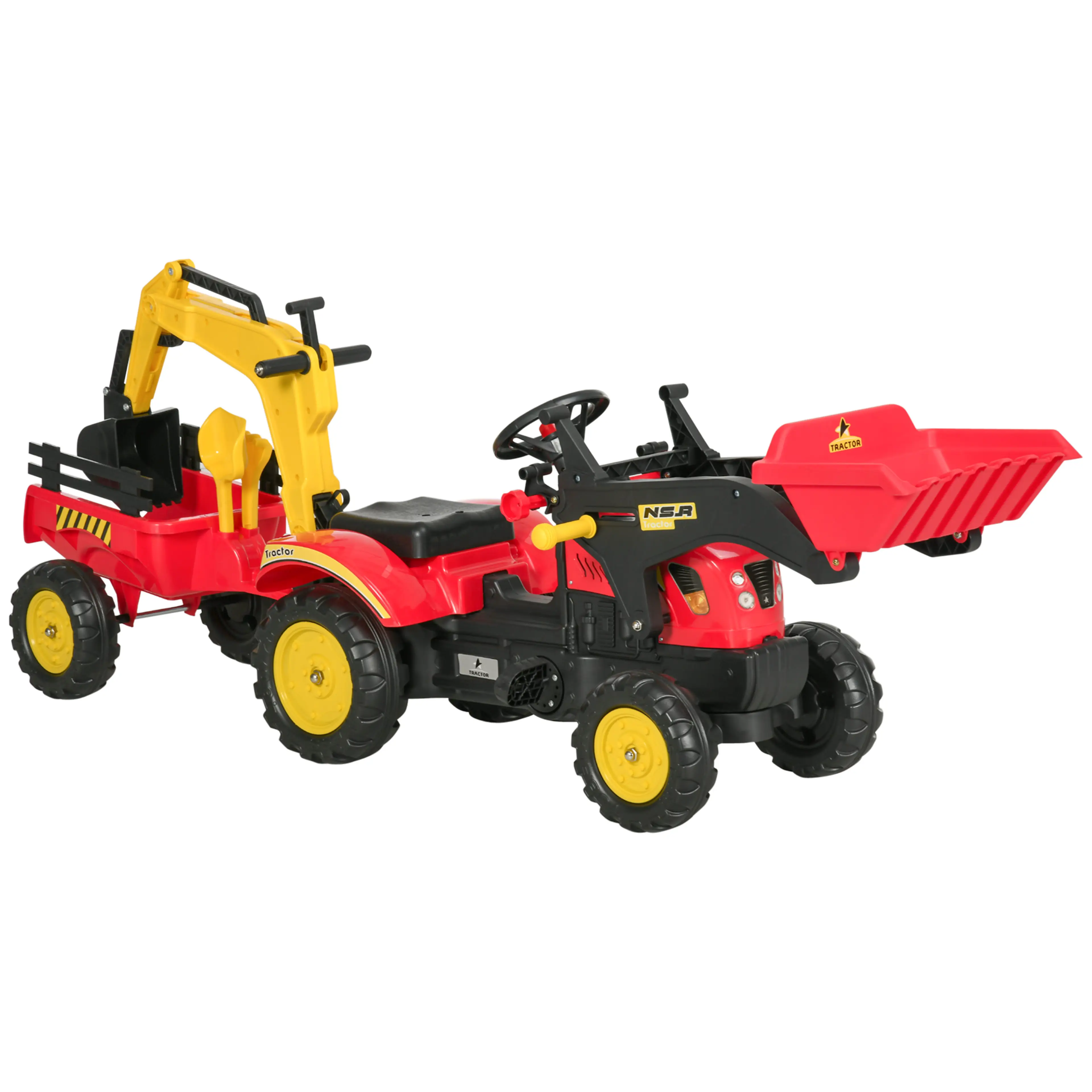 Röd trampbil som traktor med röd skopa fram och släp med gul grävarm, på vit bakgrund