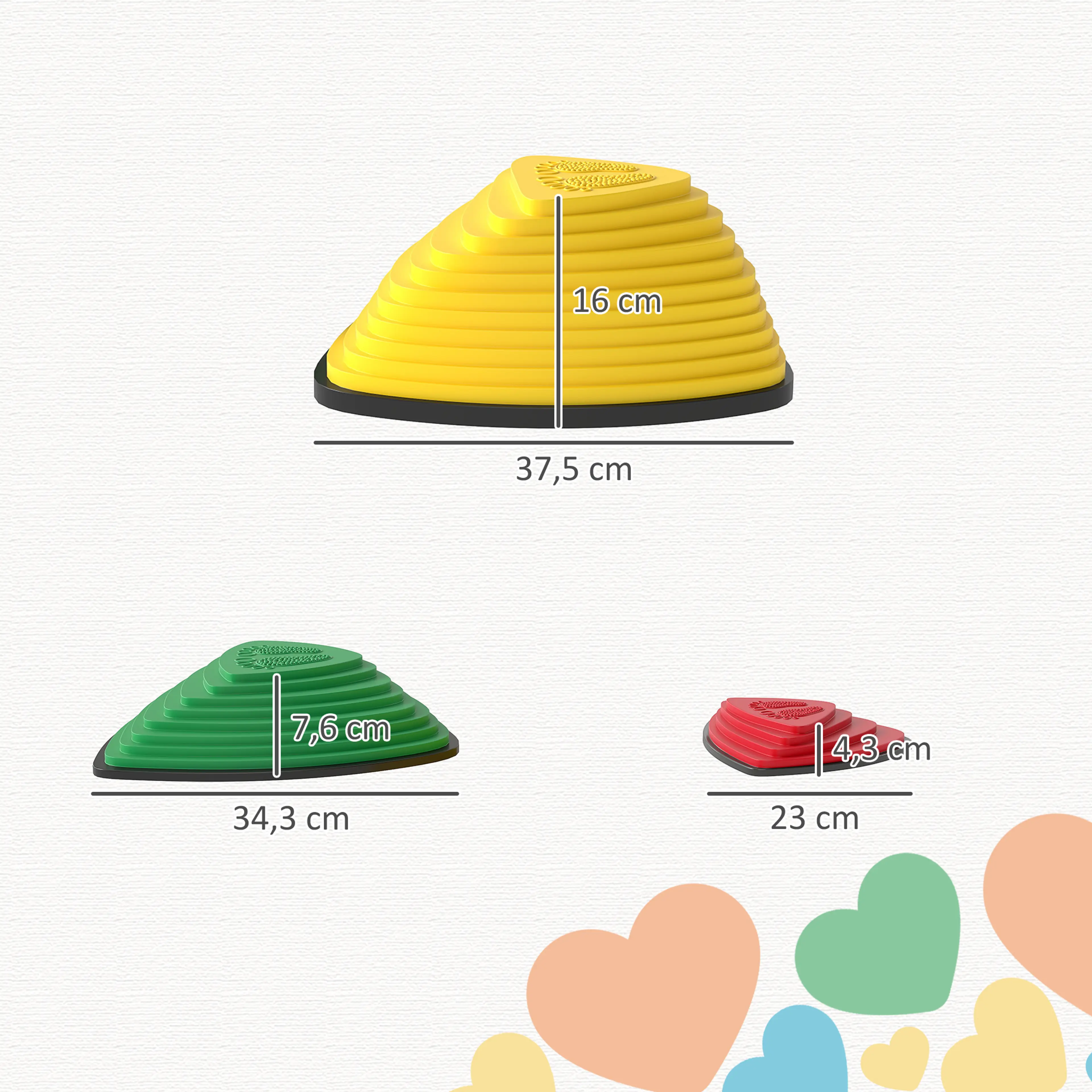 Måttbild med stenarnas storlekar 37,5, 34,3 och 23 cm och höjderna 16, 7,6 och 4,3 cm