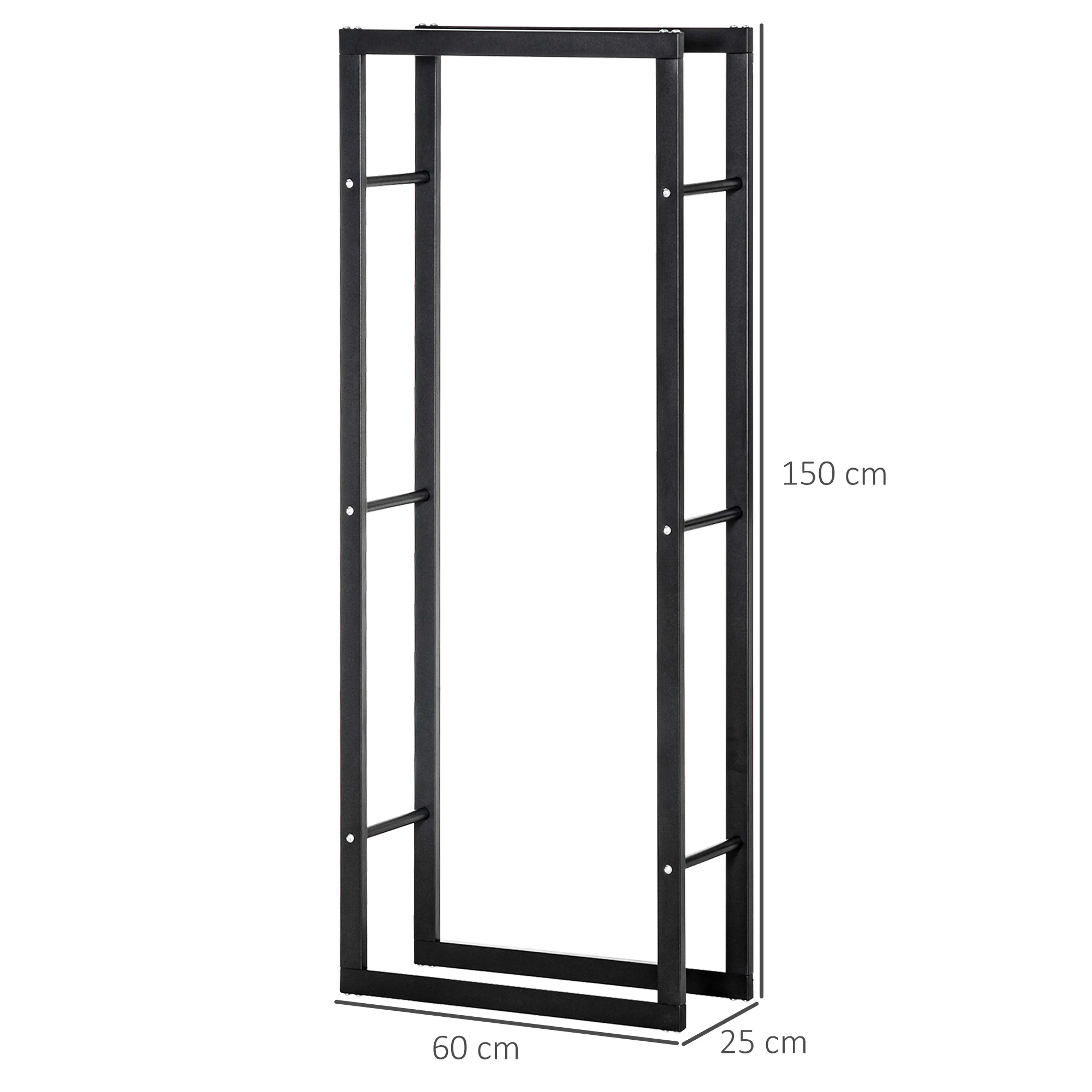 Måttbild: vedhyllan är 60 cm bred, 25 cm djup och 150 cm hög