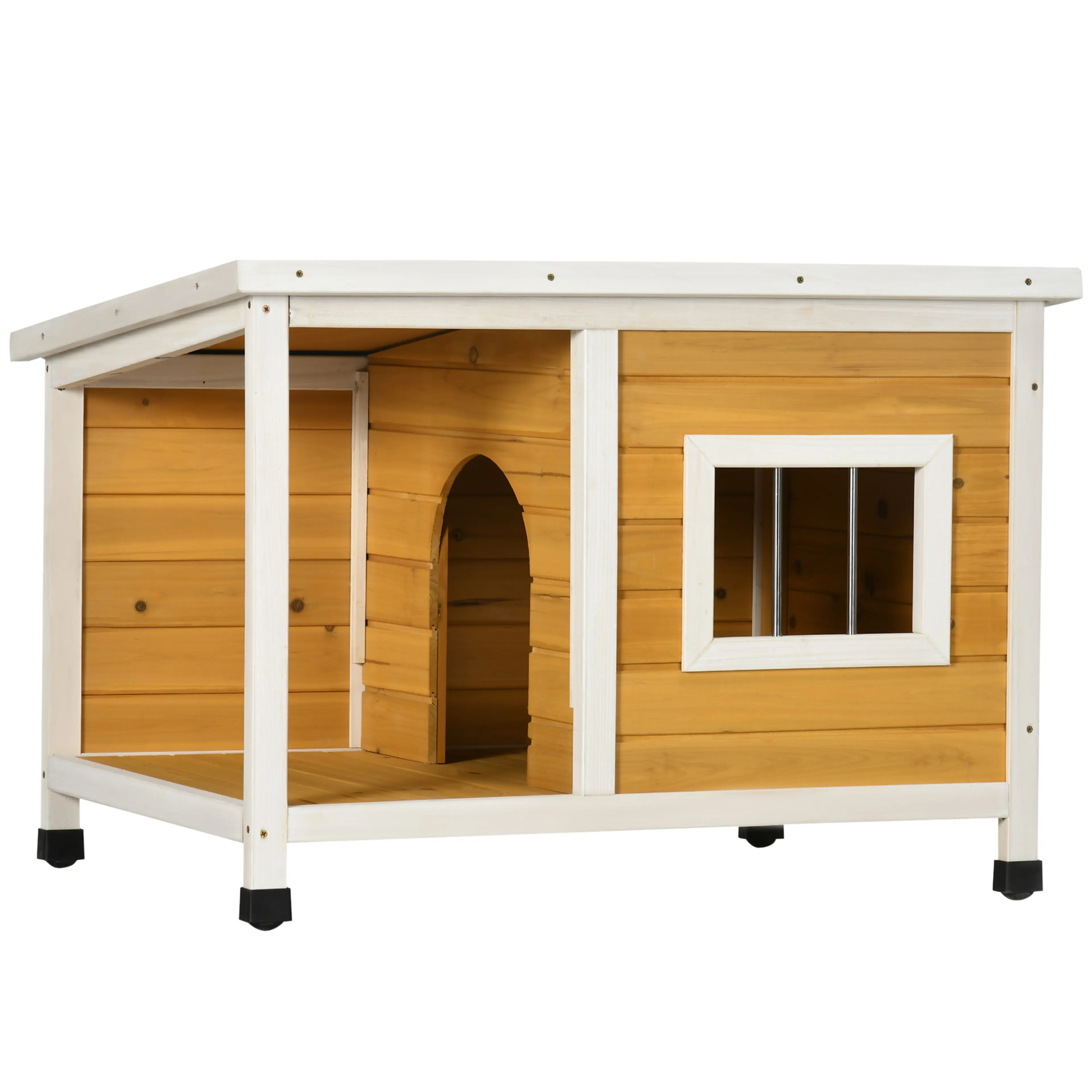 Hundkoja i gran med veranda framför dörren, vitt tak och justerbara fötter, mot vit bakgrund