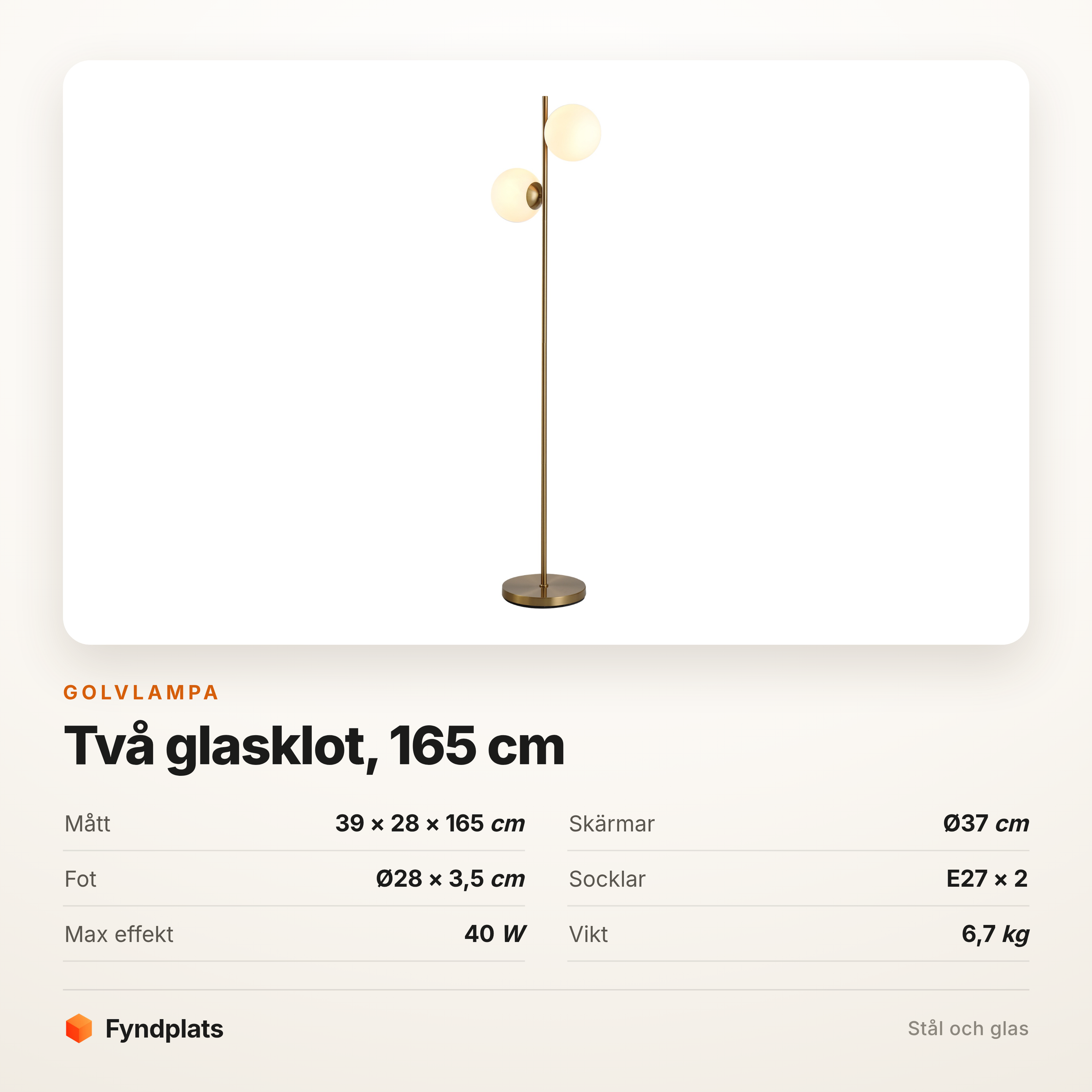 Golvlampa med två glasklot 165 cm – guldfärgad stam, två E27 – bild 5
