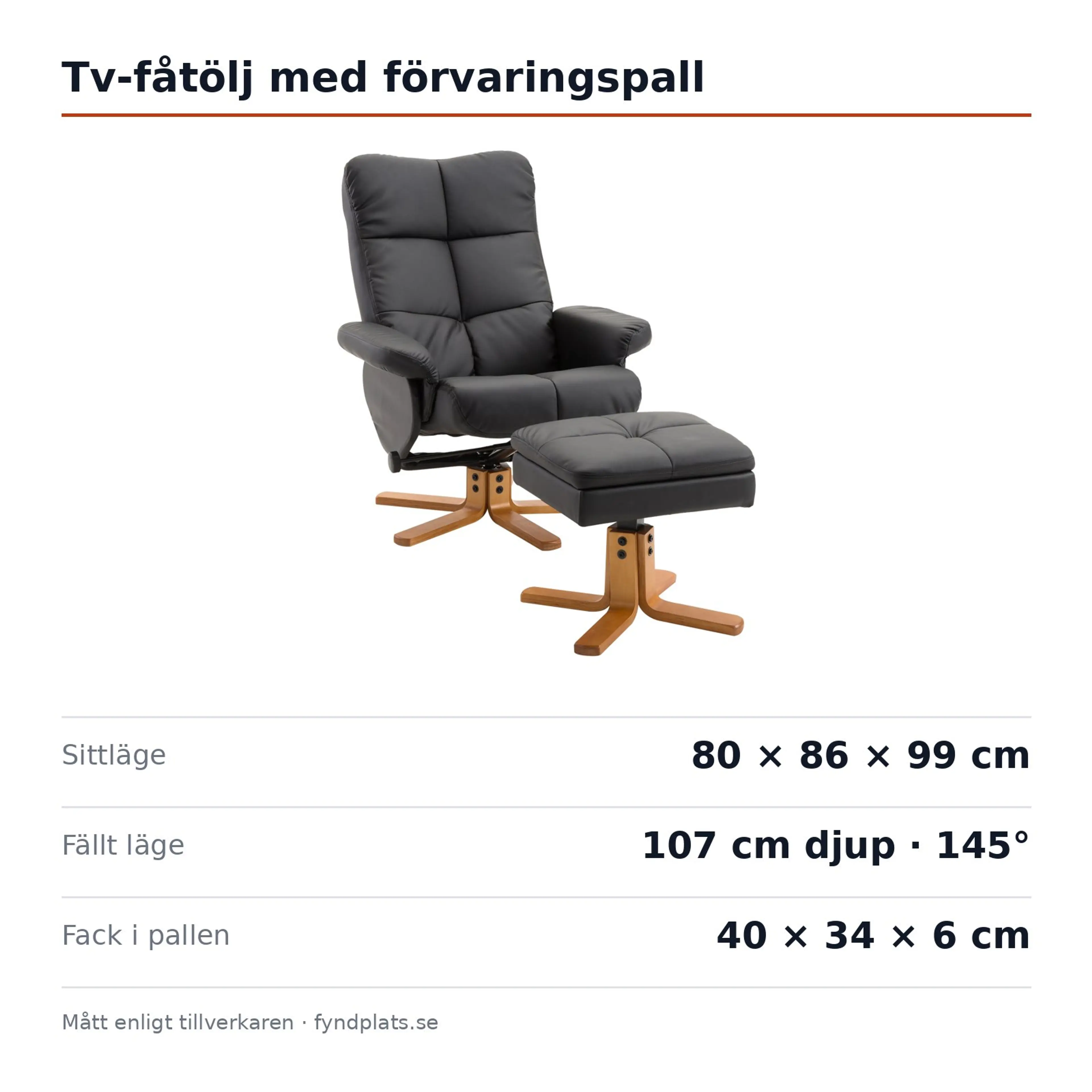Spec-kort: tv-fåtölj 80 × 86 × 99 cm, rygg till 145°, förvaringsfack 40 × 34 × 6 cm