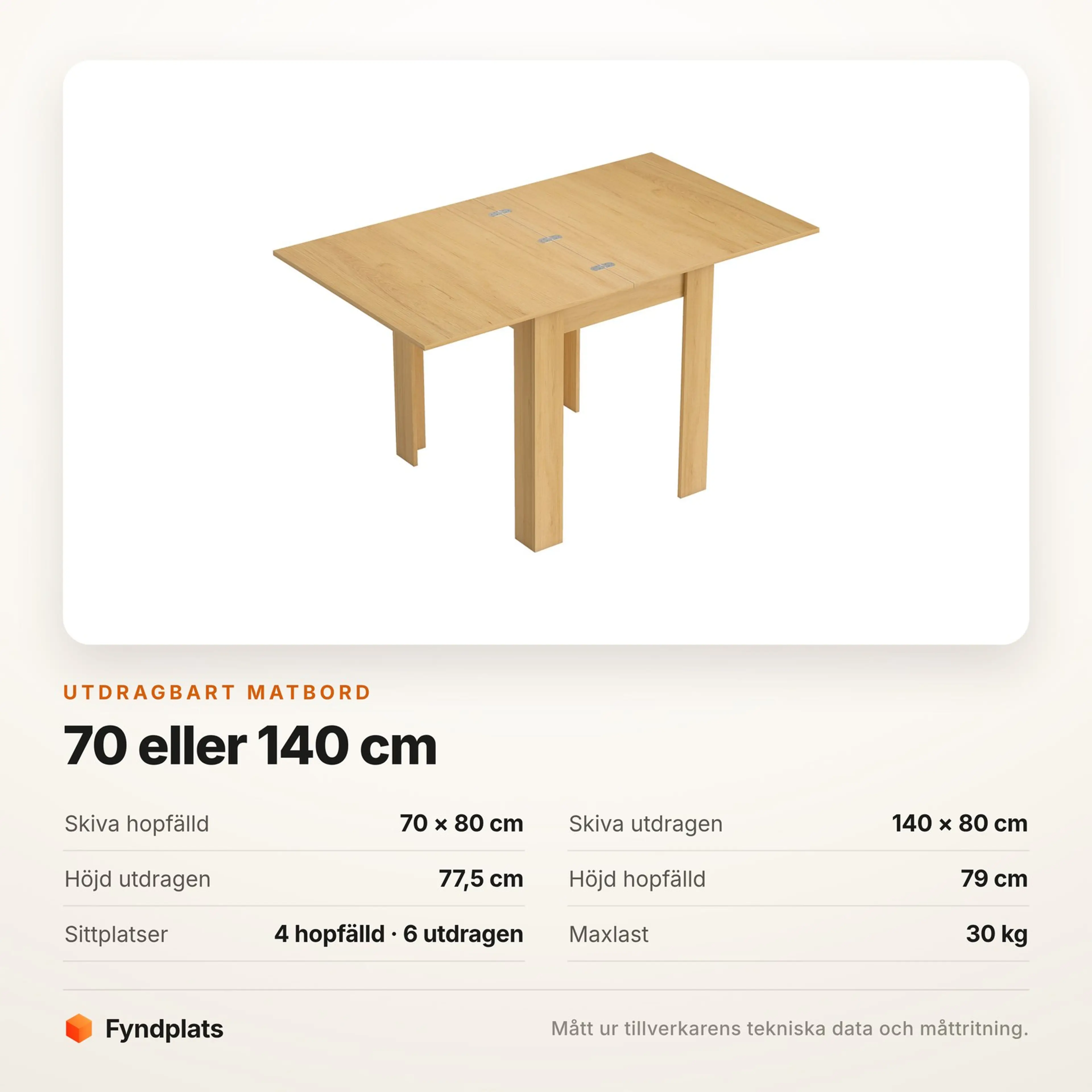 Specifikationskort för det utdragbara matbordet med båda skivmåtten, höjd och maxlast
