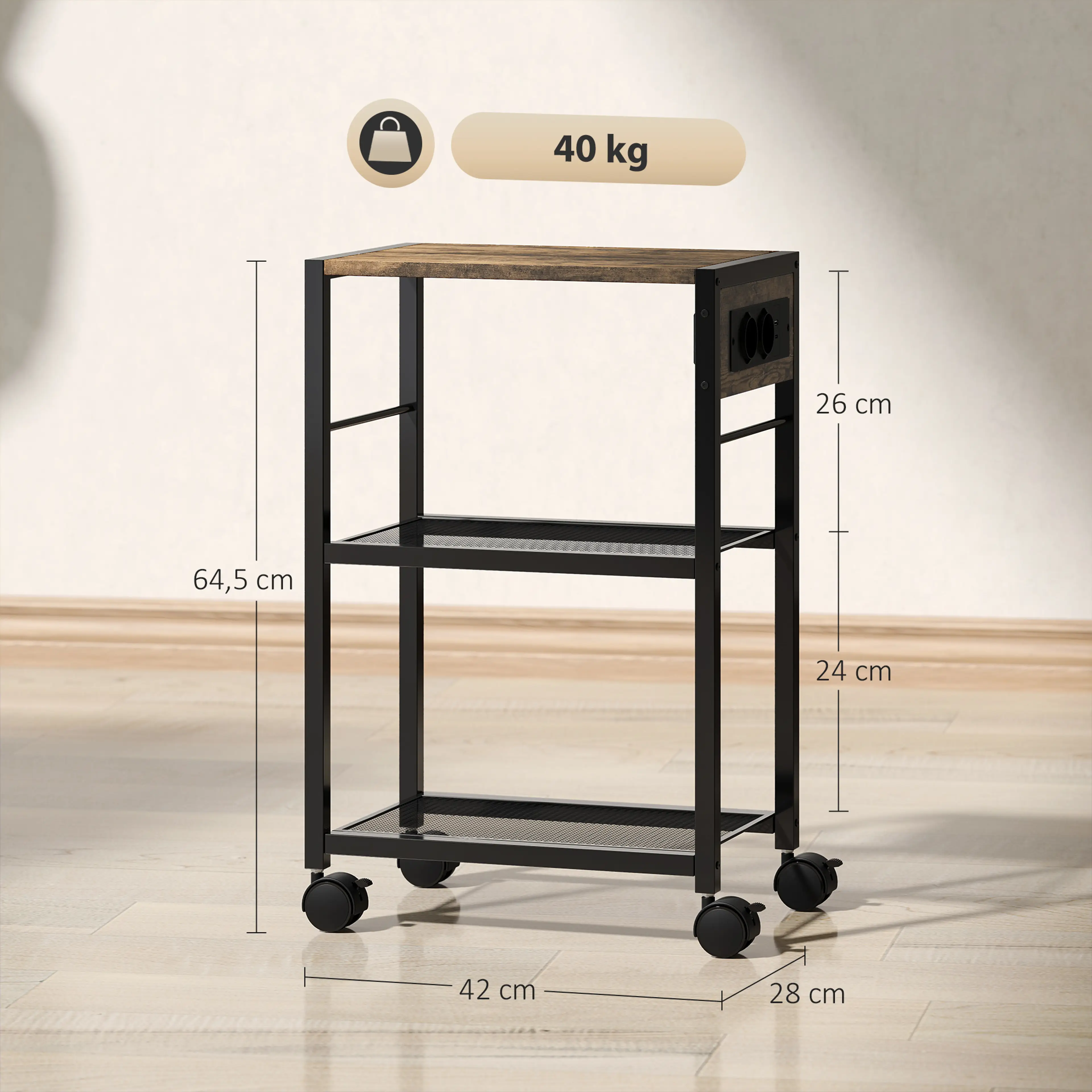 Måttbild: stället är 42 cm brett, 28 cm djupt och 64,5 cm högt, med 26 och 24 cm mellan planen, och bär 40 kg