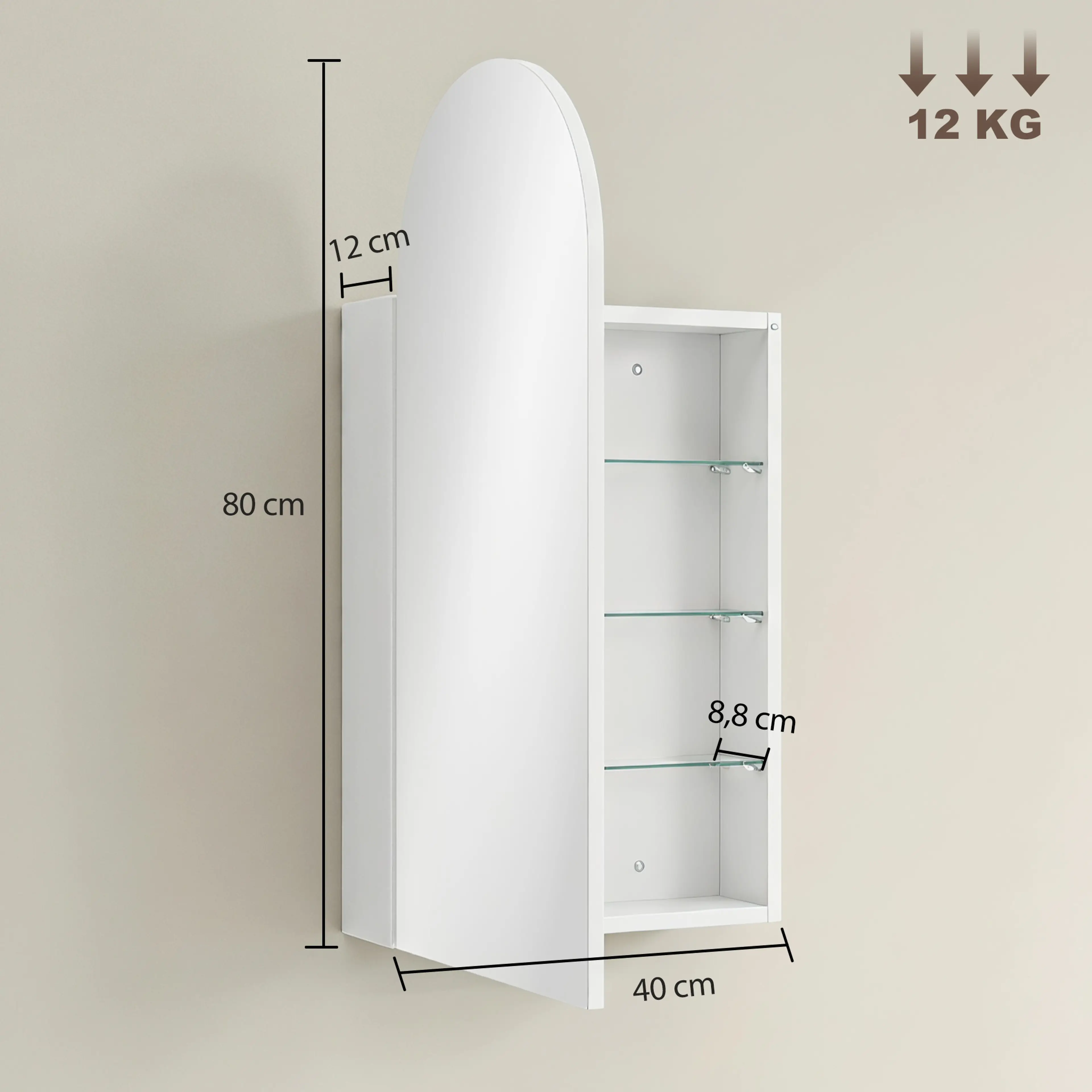 Måttritning över spegelskåpet med höjd 80 cm, bredd 40 cm, djup 12 cm och invändigt djup 8,8 cm