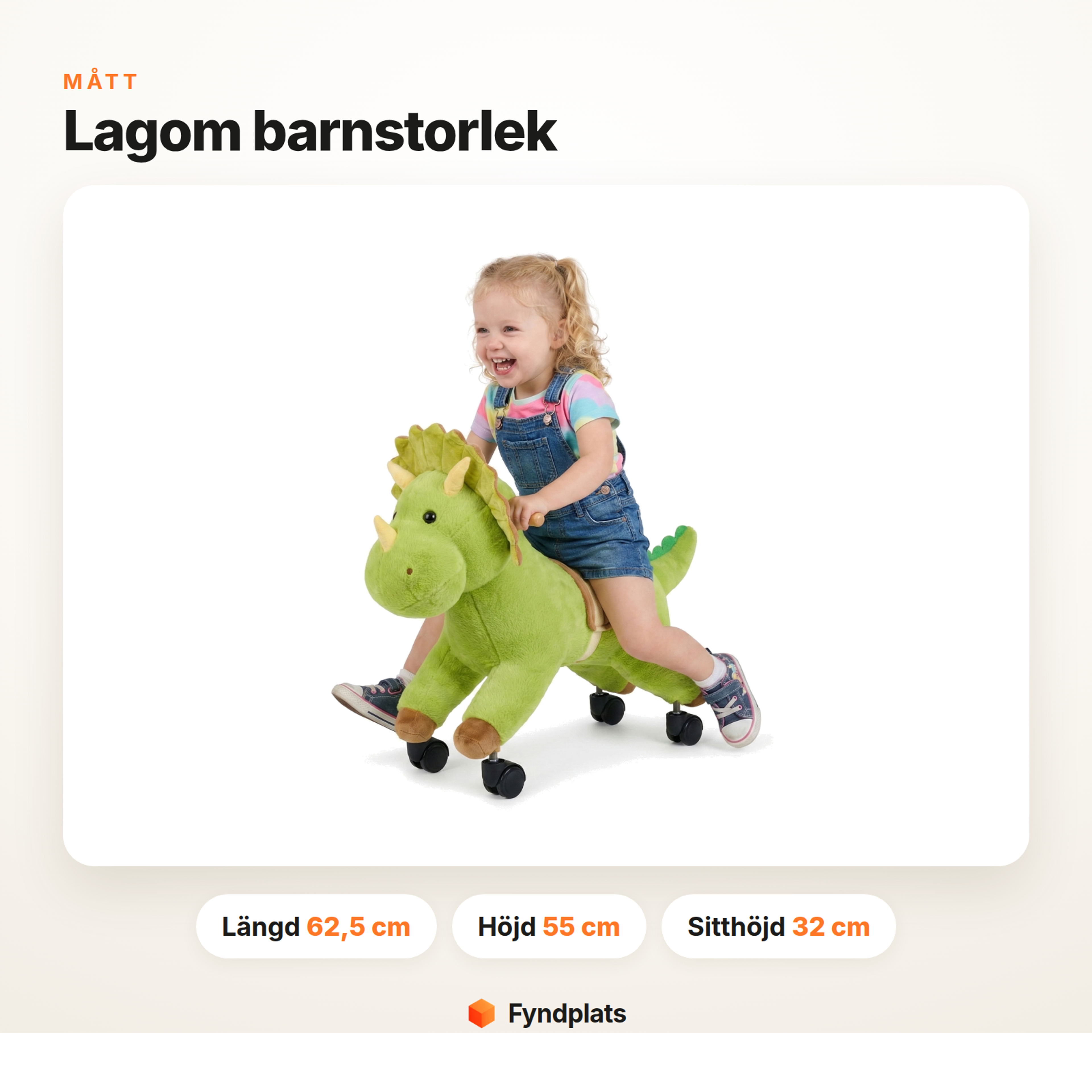 Mått för åkdjur dinosaurie – längd 62,5 cm, höjd 55 cm