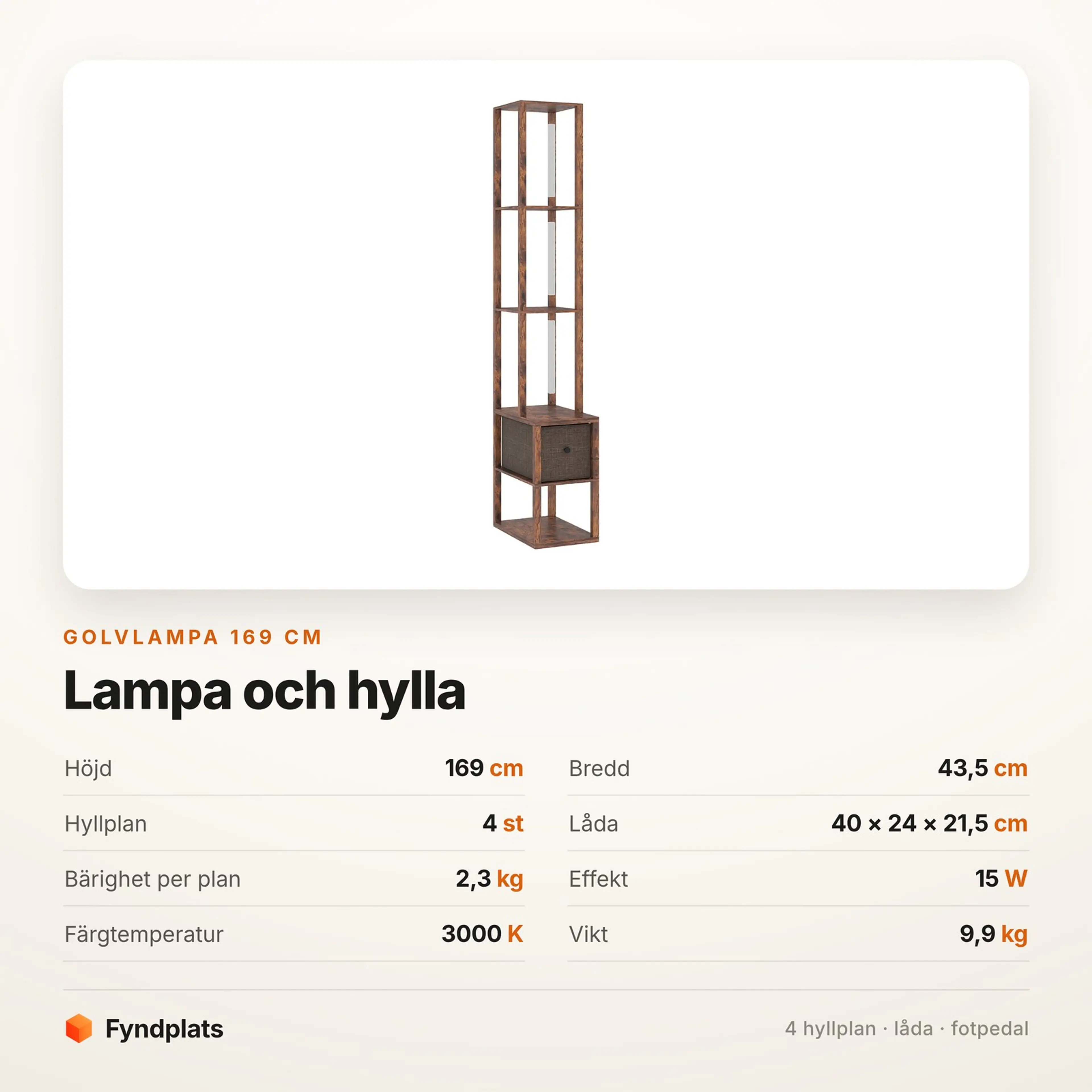 Faktakort: golvlampa 169 cm med fyra hyllplan, låda och 15 W varmvit LED