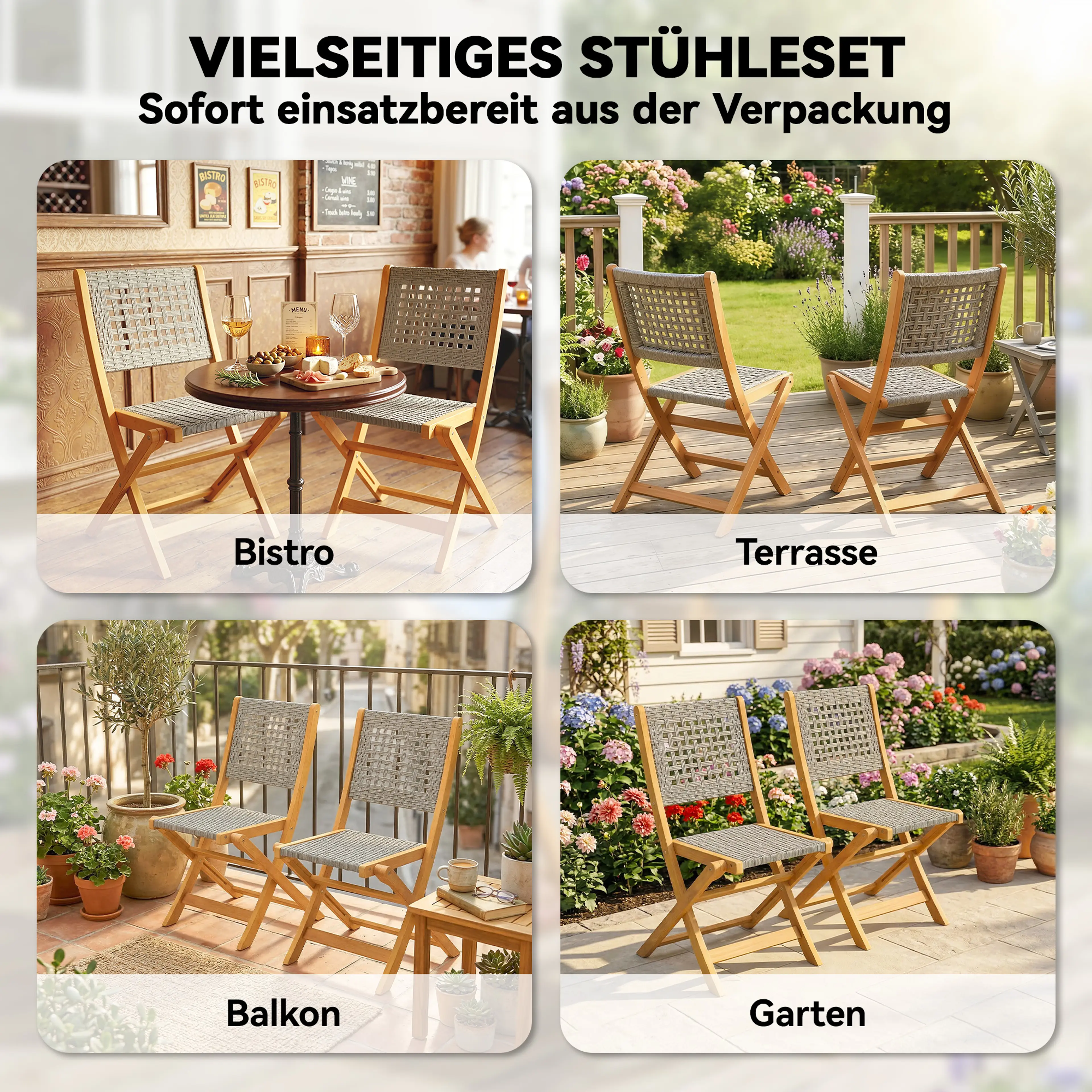 Hopfällbar trädgårdsstol i akacia med flätad beige rygg och sits (4)
