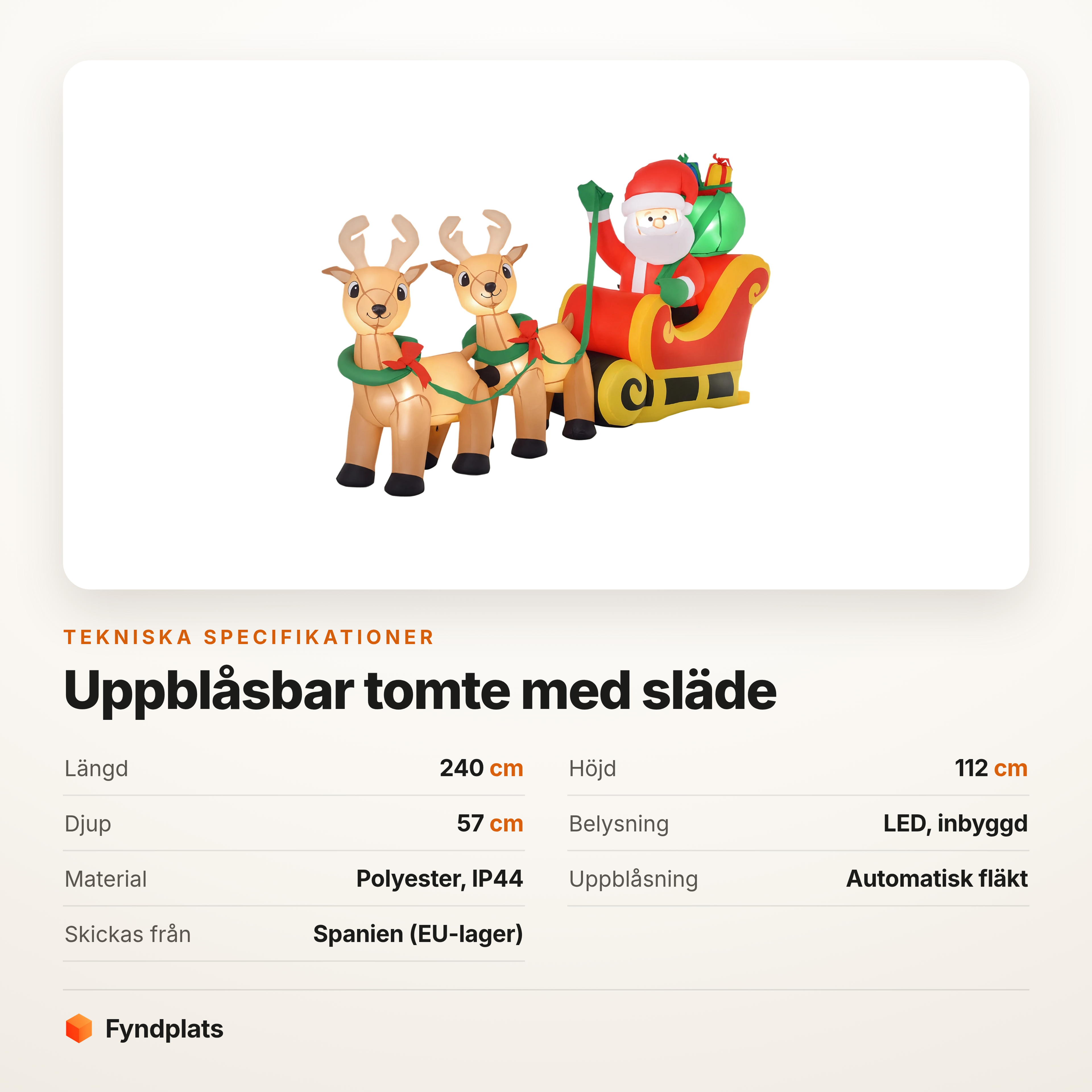 Specifikationer: 240 × 57 × 112 cm, LED, IP44, inbyggd fläkt