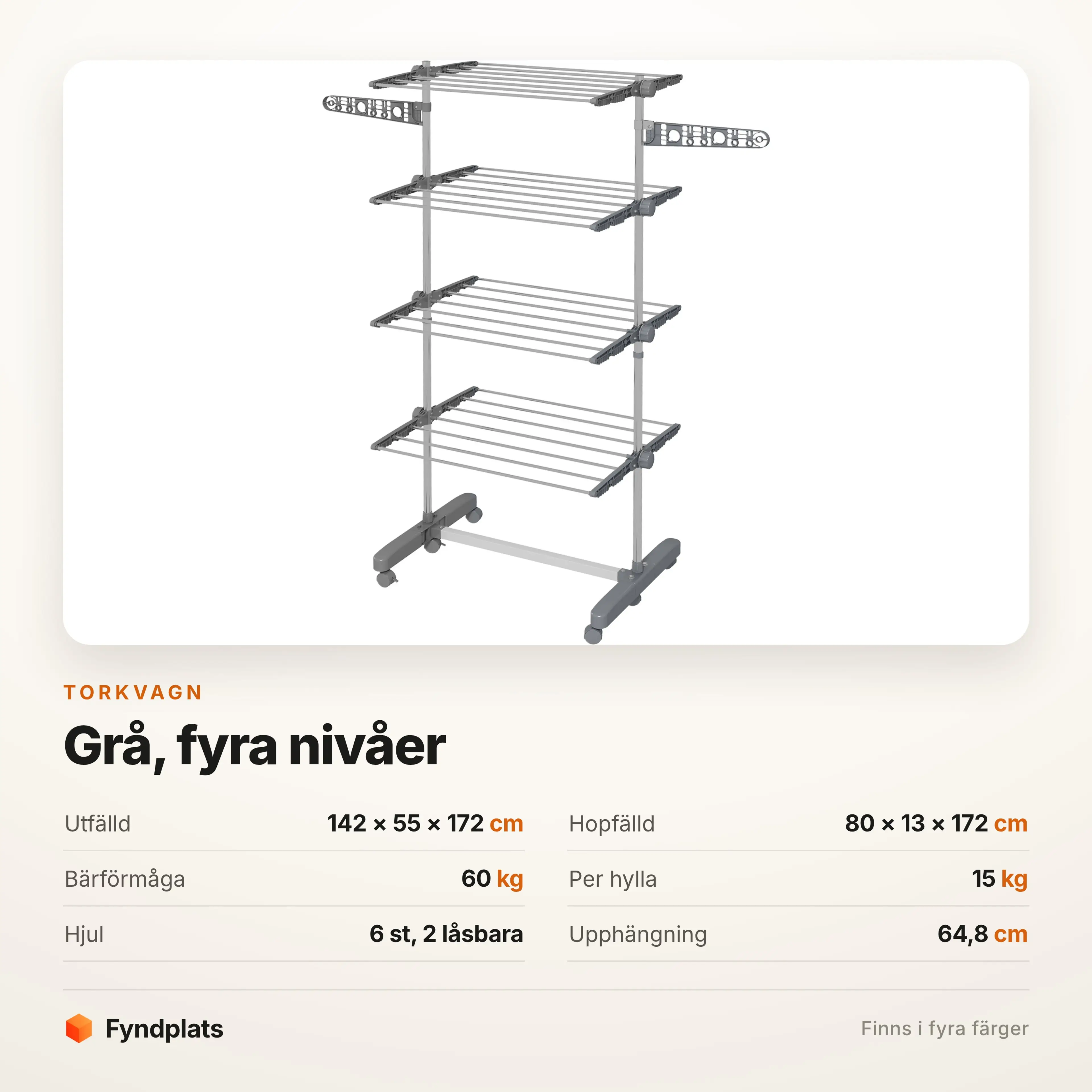 Specifikation: 142 × 55 × 172 cm, fyra nivåer, 60 kg