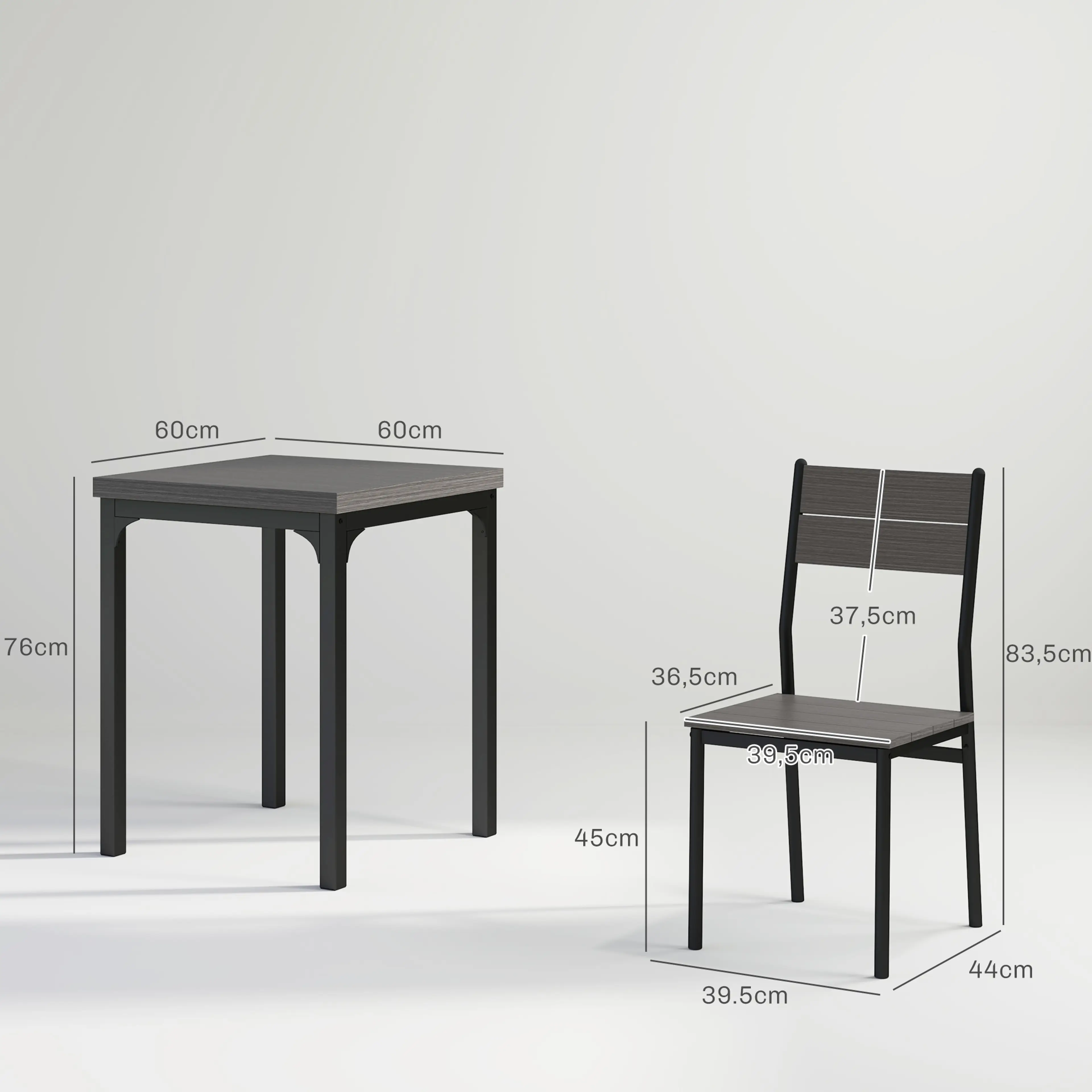Måttskiss: bordet 60 × 60 × 76 cm och stolen 39,5 × 44 × 83,5 cm med sitthöjd 45 cm