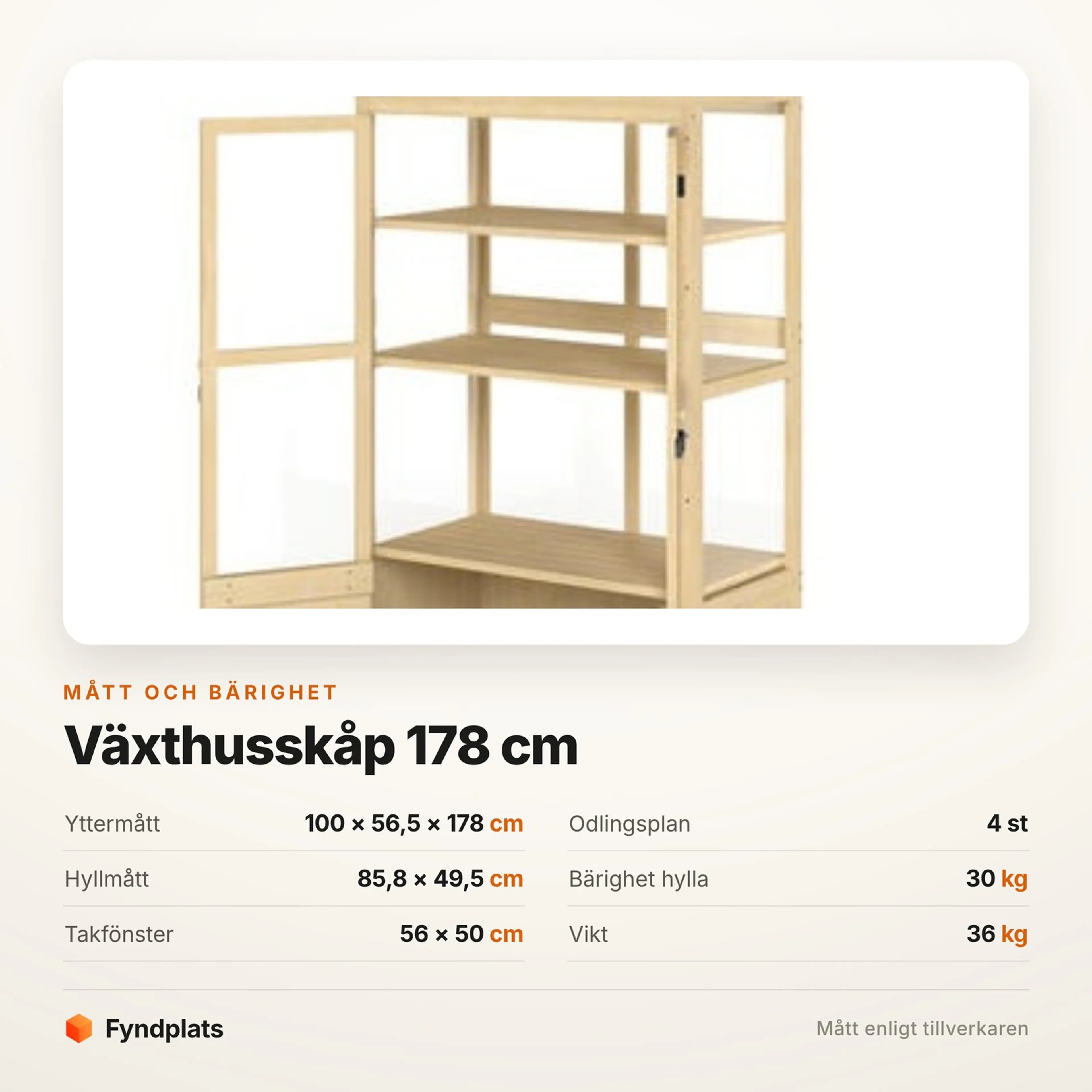 Spec-kort med mått och bärighet för växthusskåpet på 178 cm