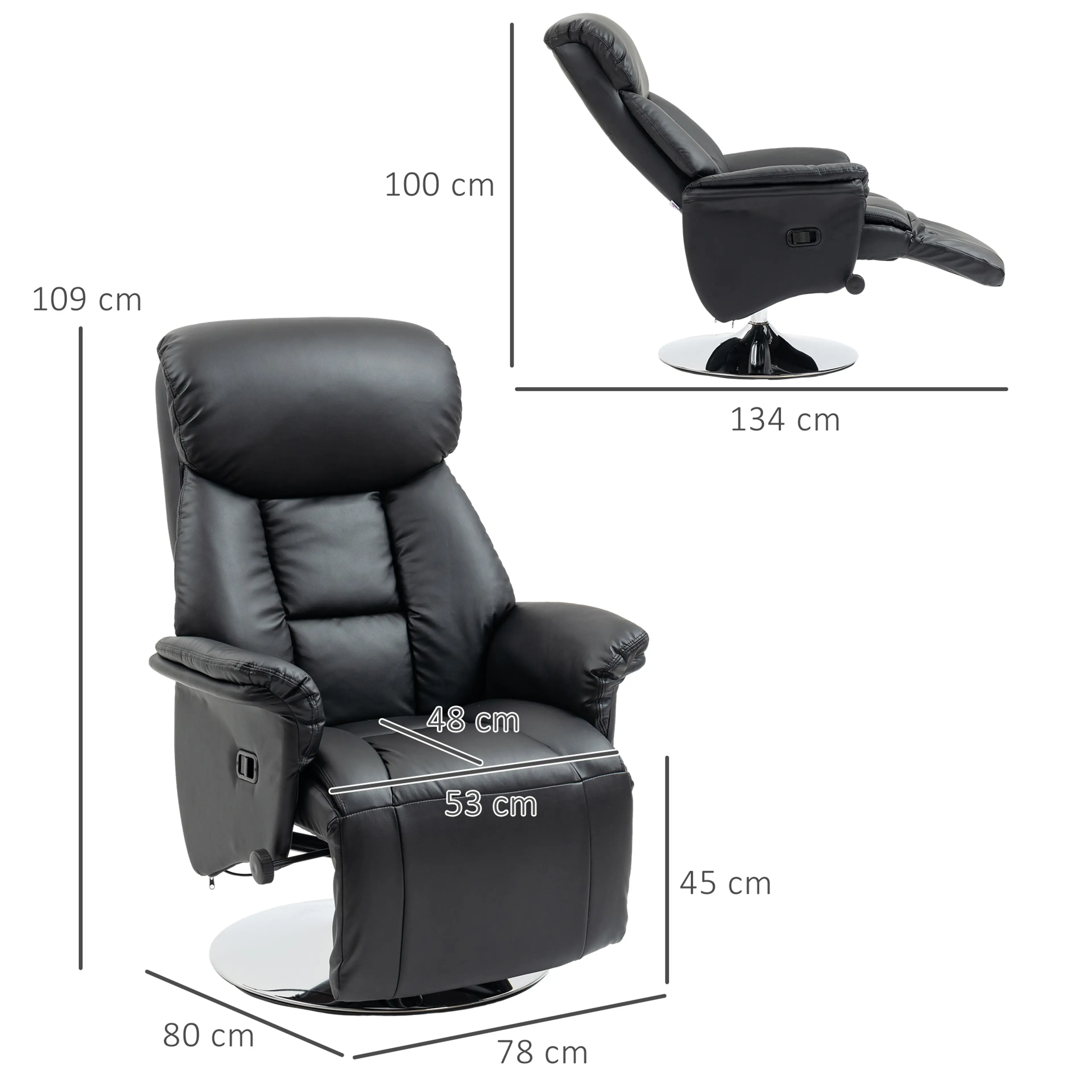 Fåtölj i konstläder med 360° vridfot, rygg till 130° i svart, måttskiss med mått i centimeter