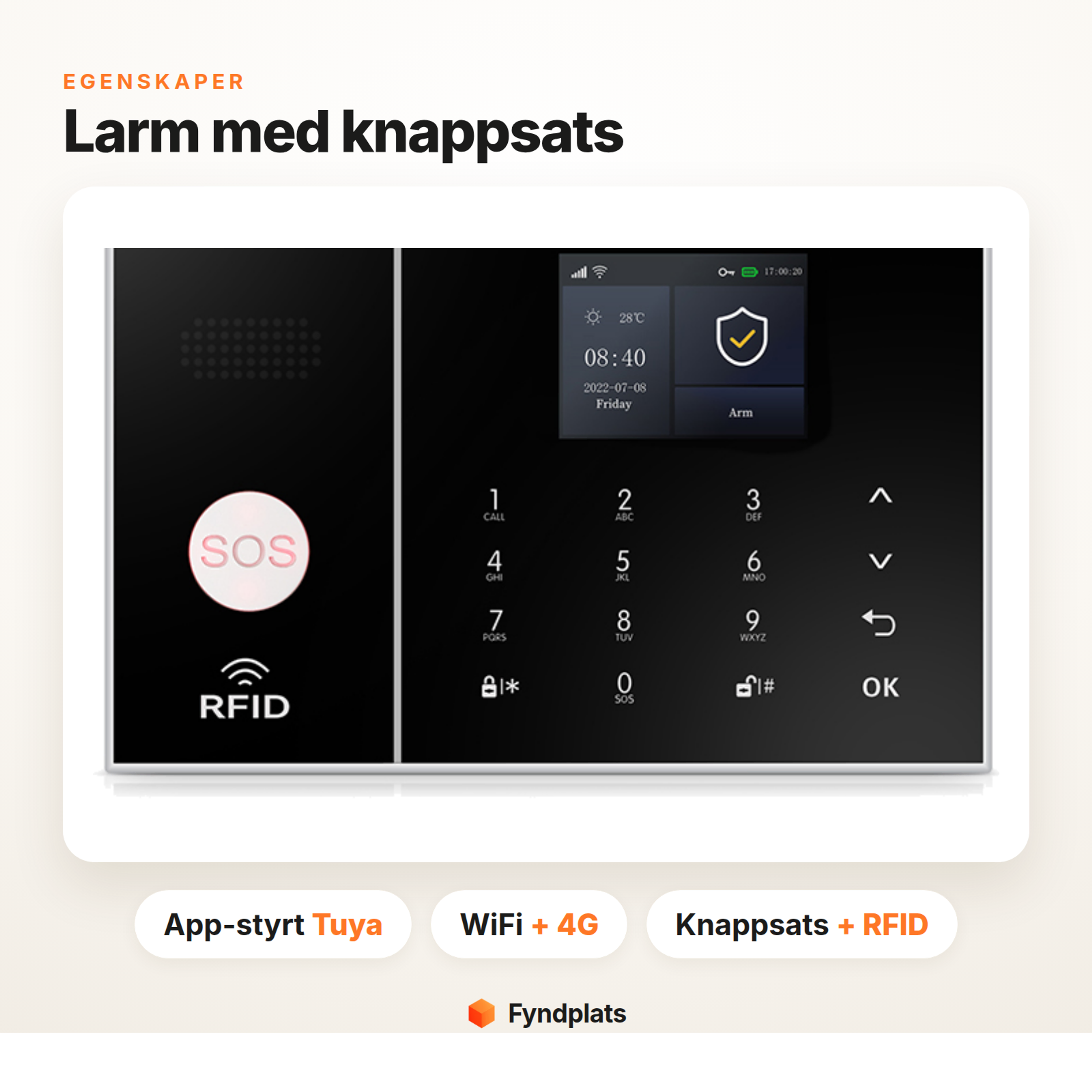 Hemlarm med knappsats styrt via Tuya-app, WiFi och 4G