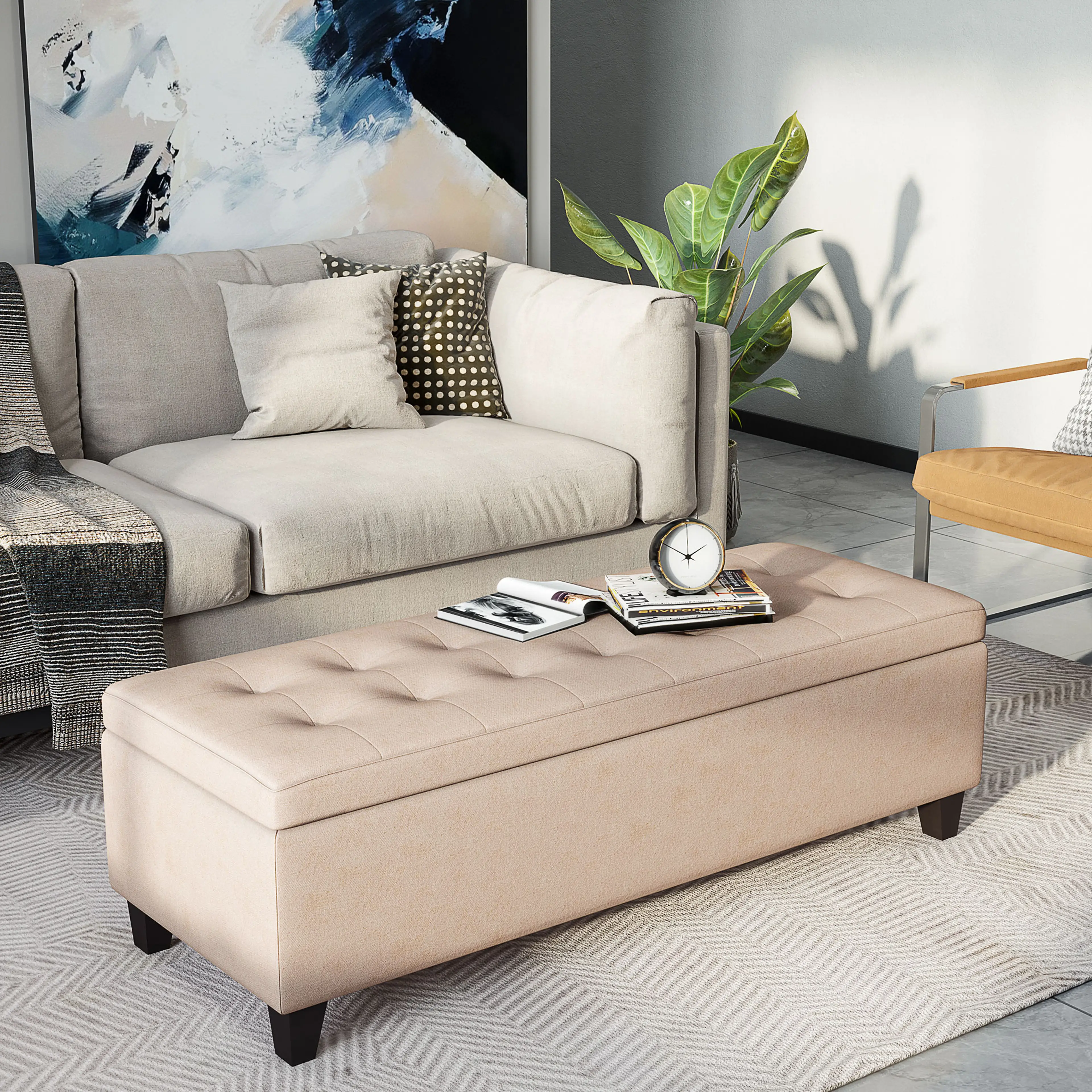 Ottomanbänk 125 cm med förvaring, beige – bild 2