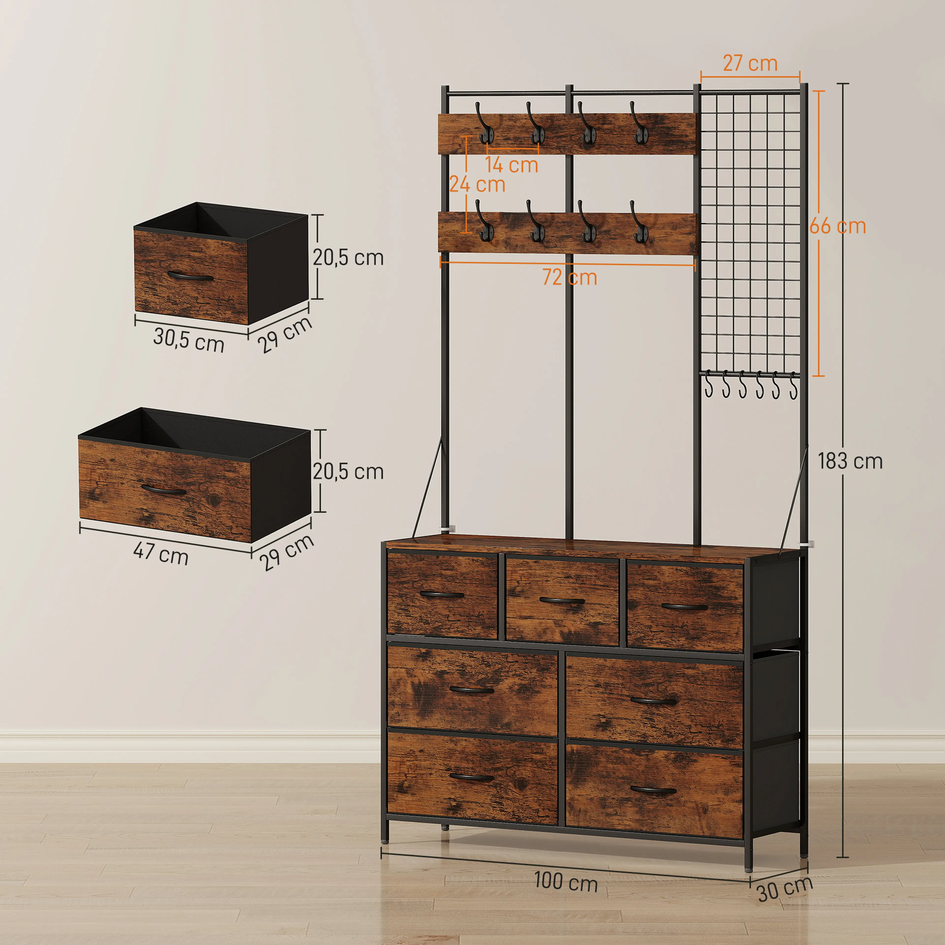 Måttskiss: 183 cm hög, 100 × 30 cm golvyta samt lådmåtten 47 och 30,5 cm