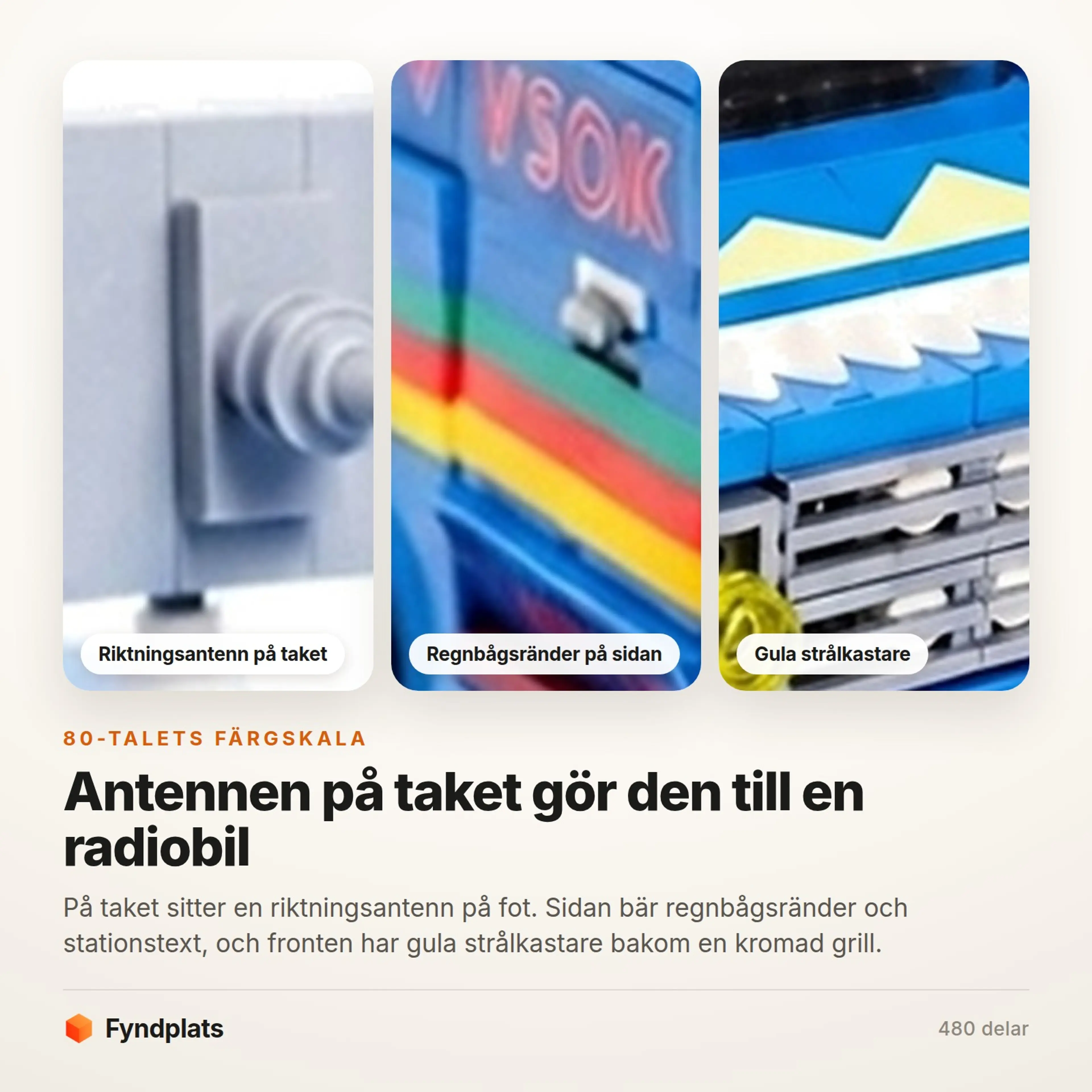 Fyndplats-kort: närbilder på riktningsantennen, regnbågsränderna på sidan och de gula strålkastarna