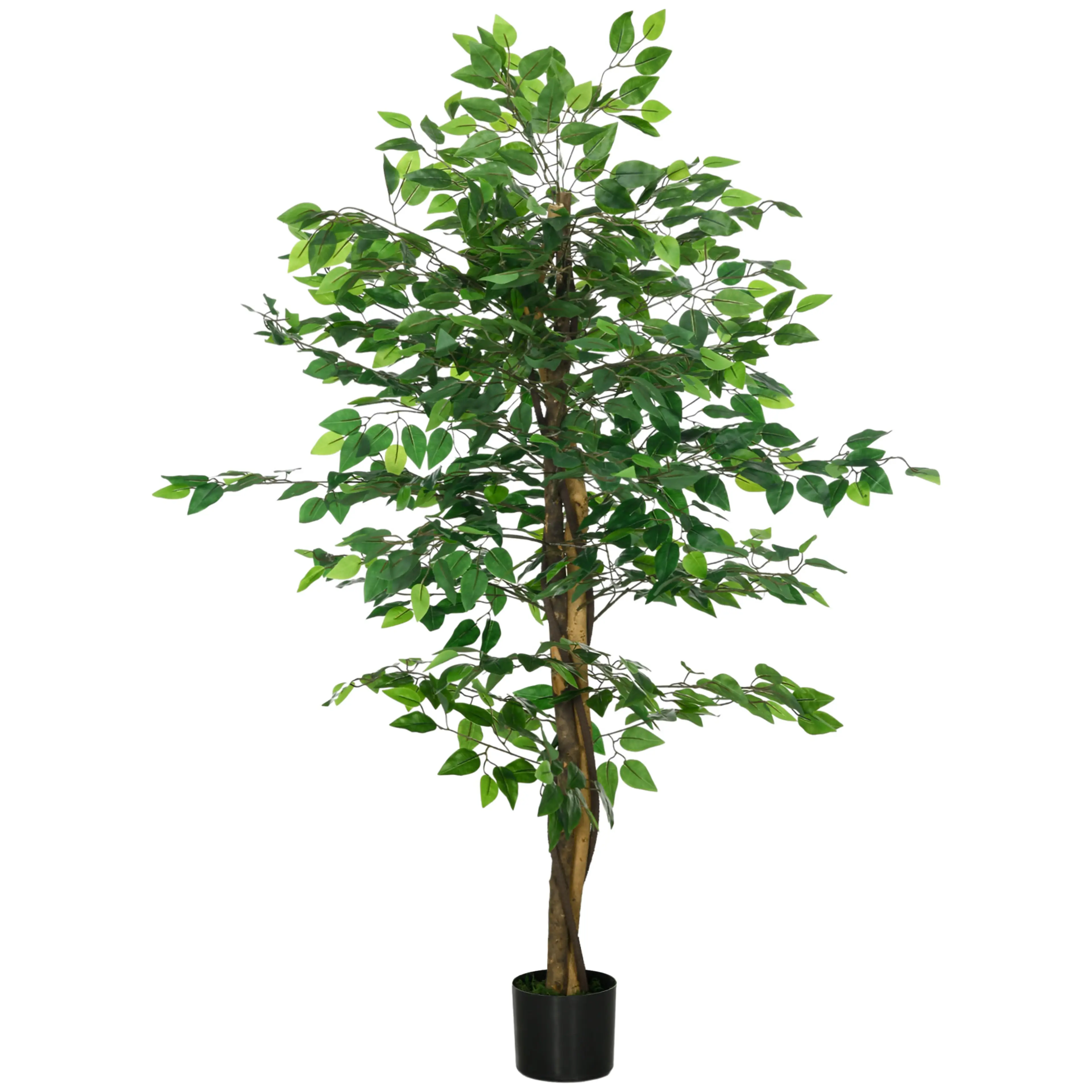 Konstgjord ficus benjamina med täta gröna blad i svart kruka, på vit bakgrund