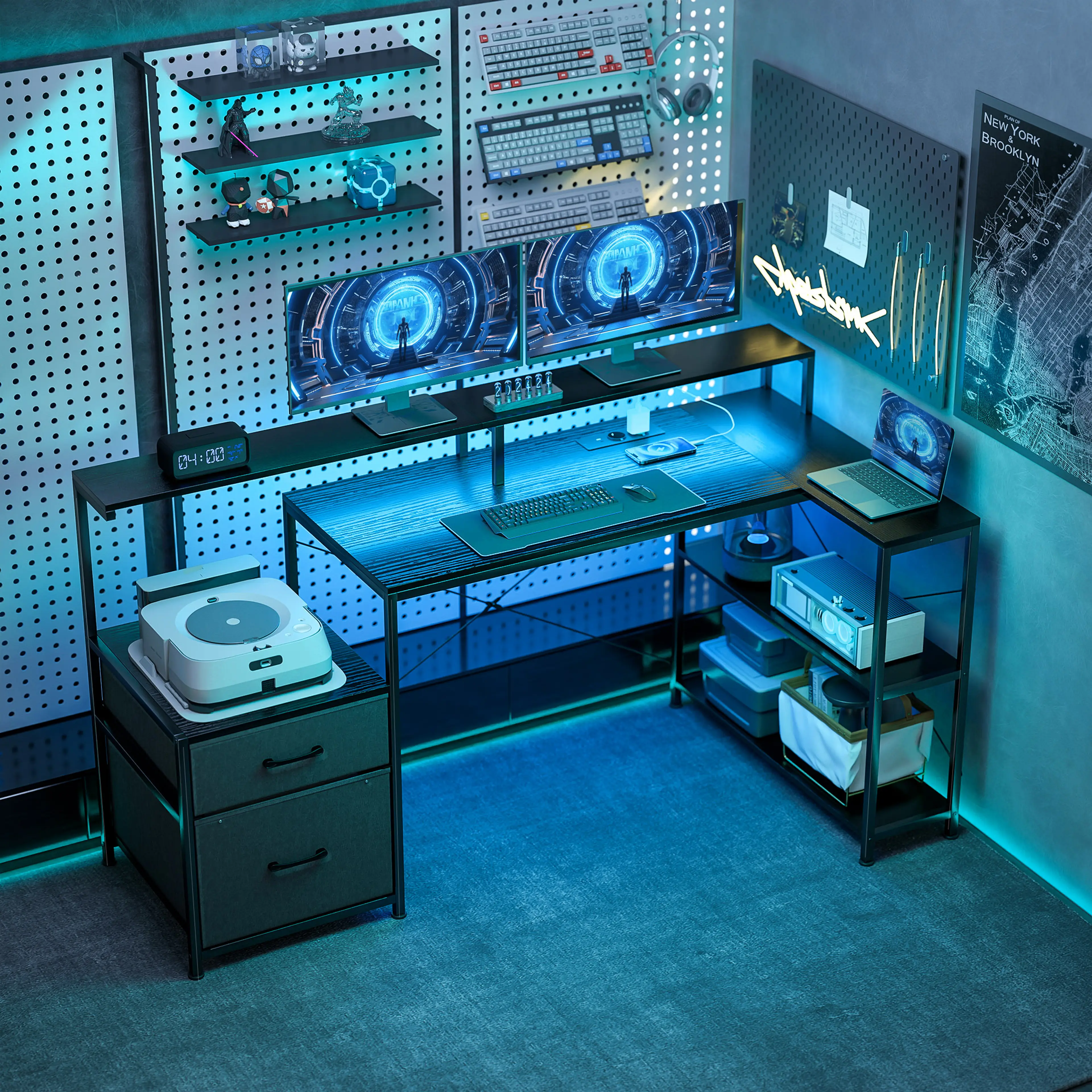 Gamingbord 165 cm i L-form med LED och eluttag – bild 3