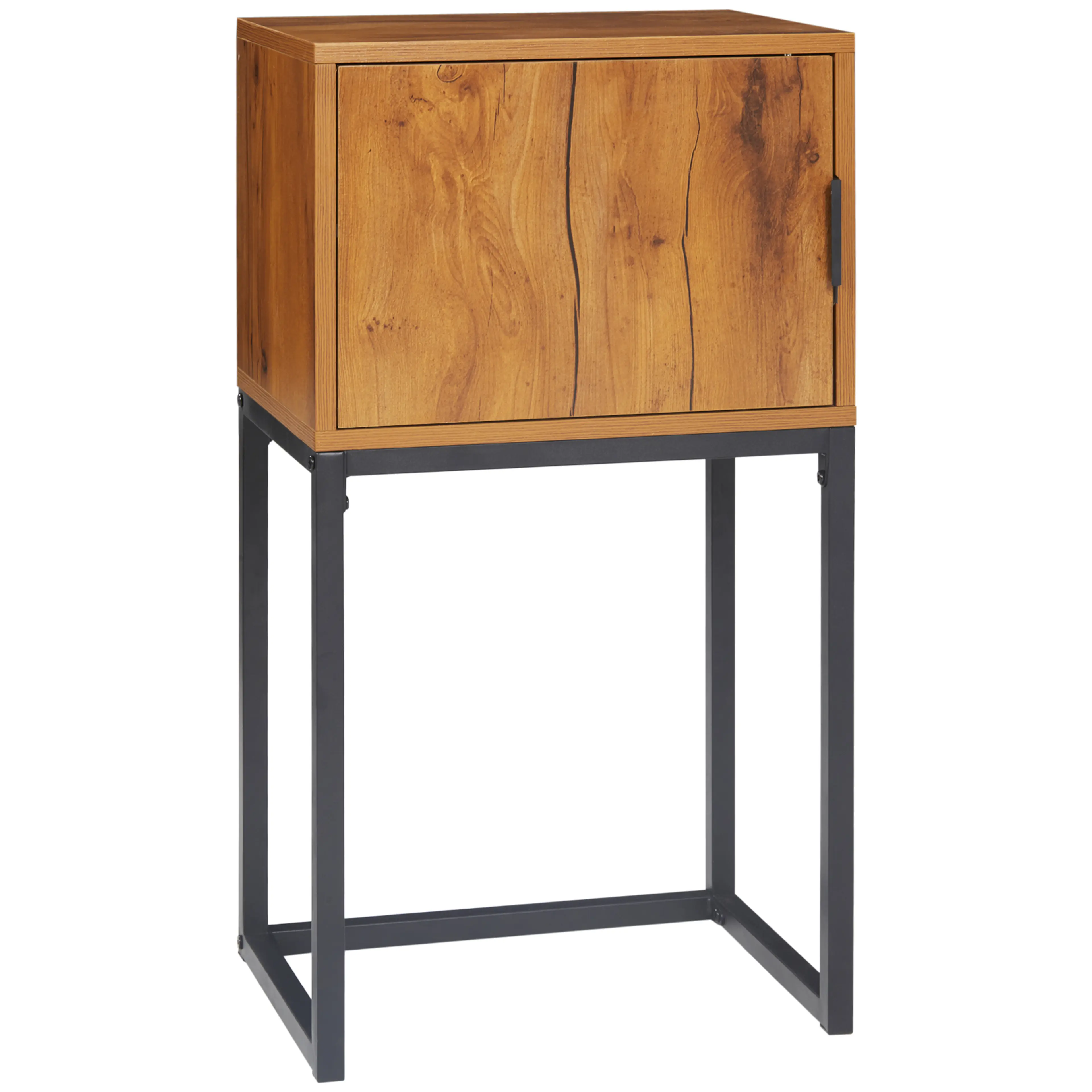 Sidobord med skåp i industristil – trälook och svart stål, 40 × 30 × 76 cm