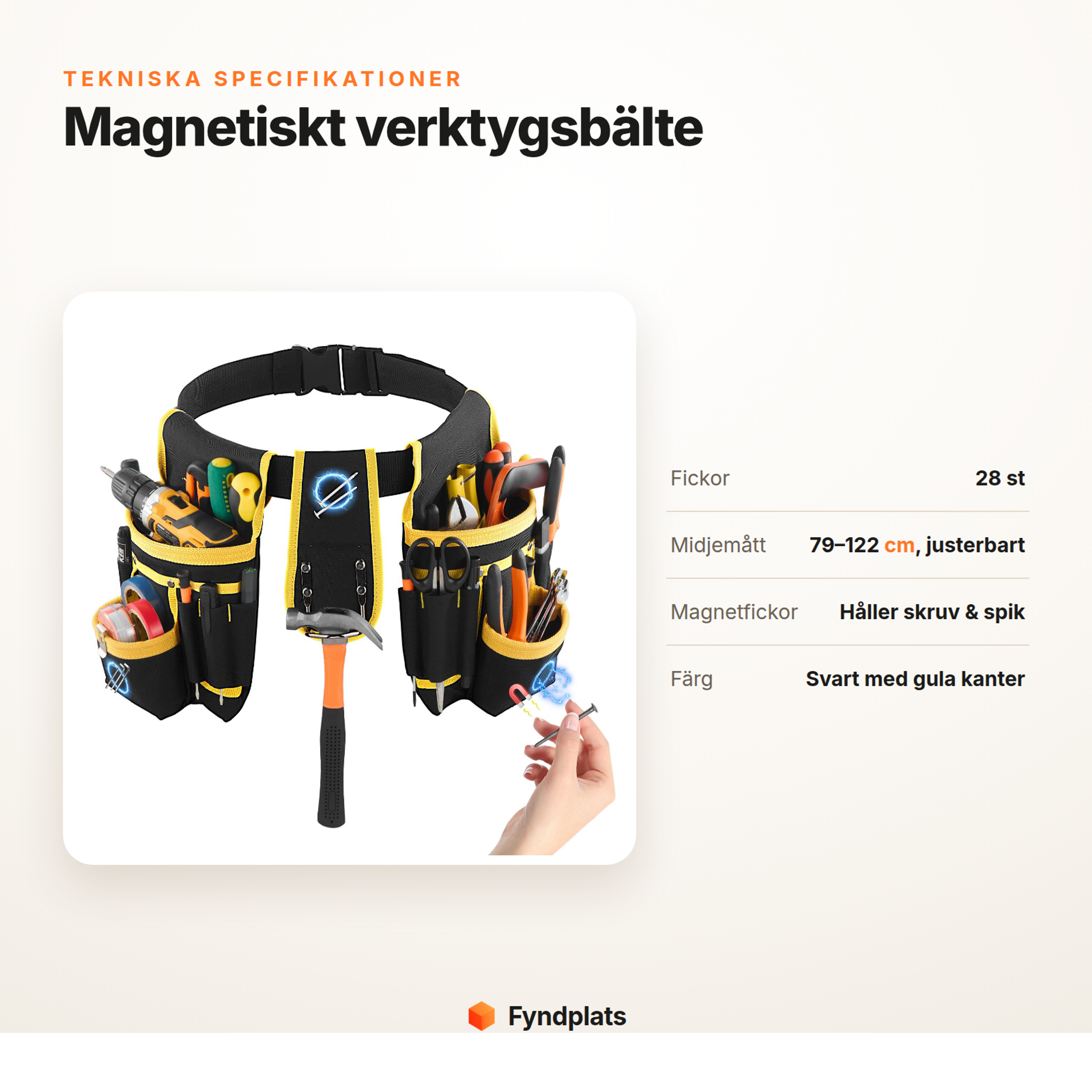 Fyndplats-kort: tekniska specifikationer för magnetiskt verktygsbälte