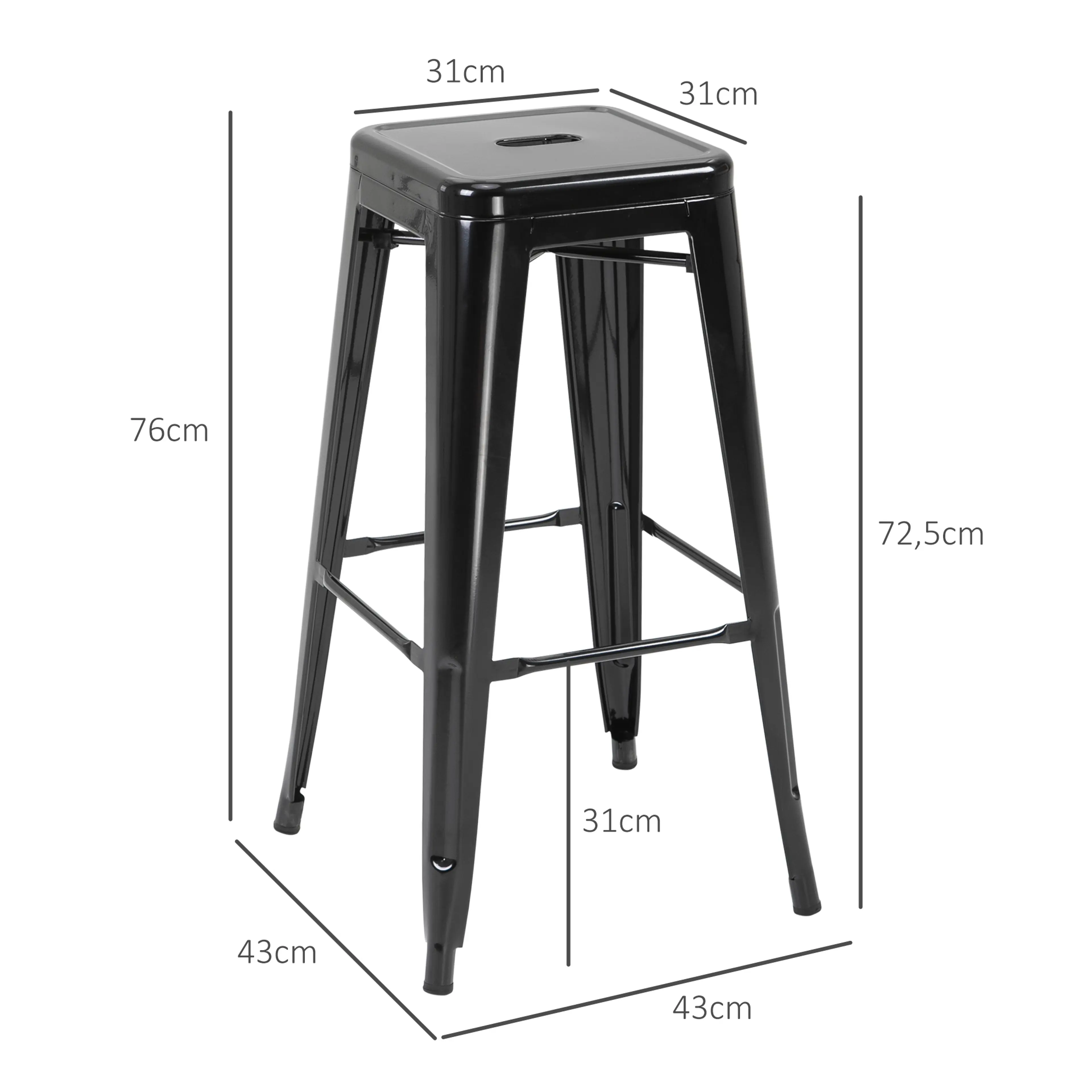 Måttbild: pallen är 43 × 43 cm vid golvet och 76 cm hög, med fotstödet 31 cm upp