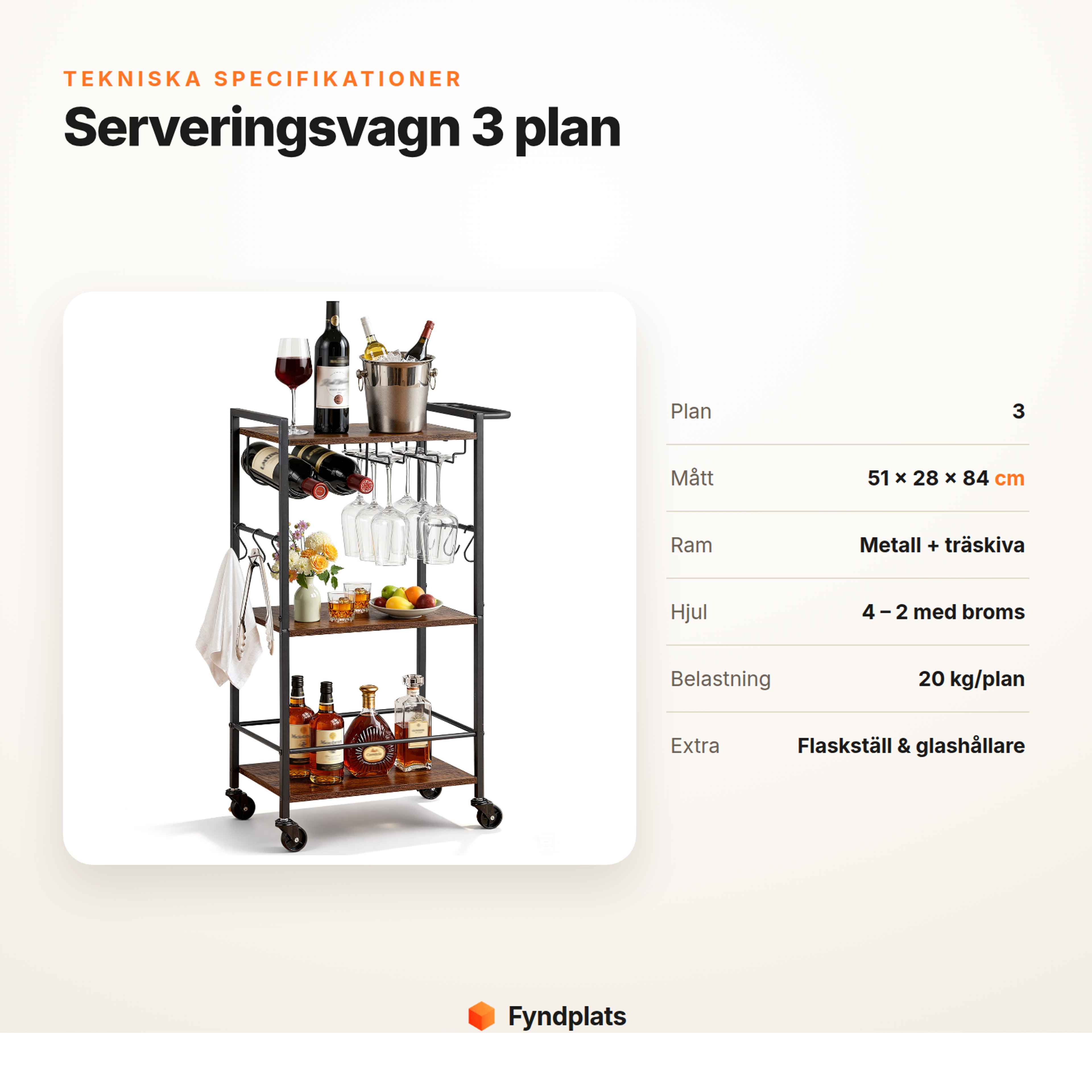 Specifikationer för serveringsvagn: 3 plan, mått, metallram, hjul med broms och flaskställ