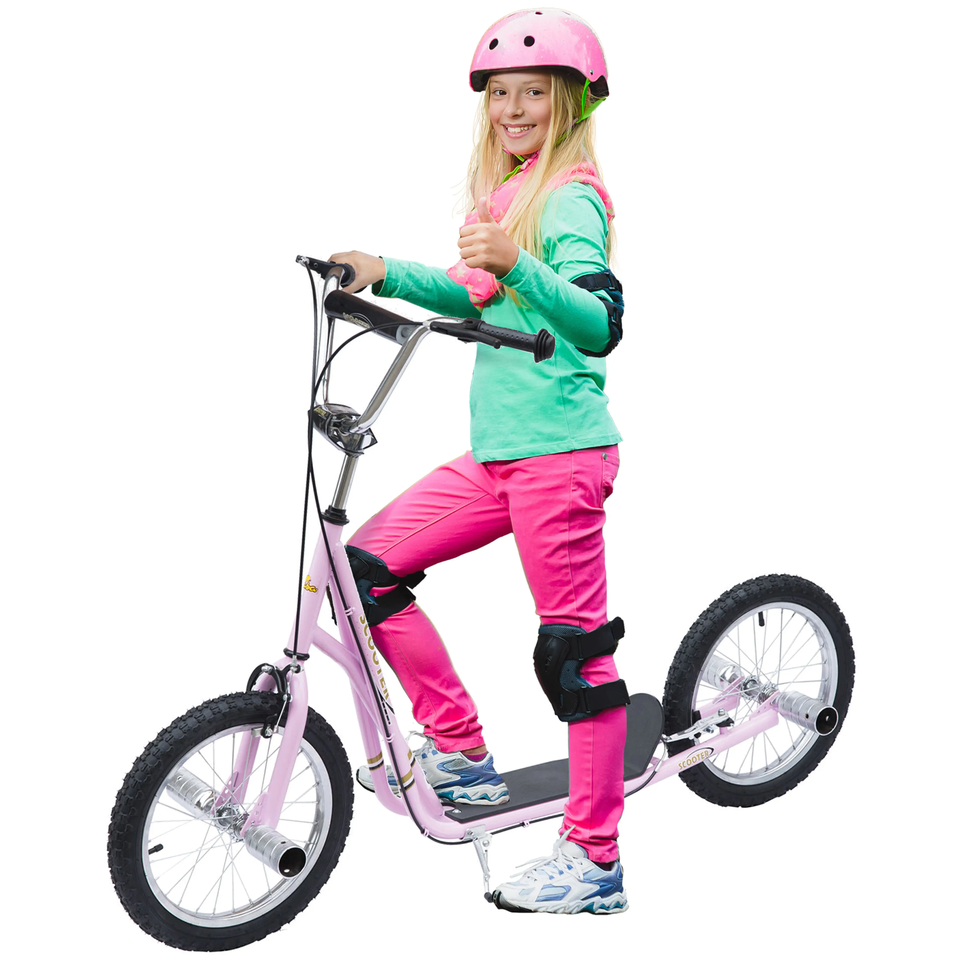 Rosa sparkcykel för barn med 16-tumshjul och flicka i hjälm