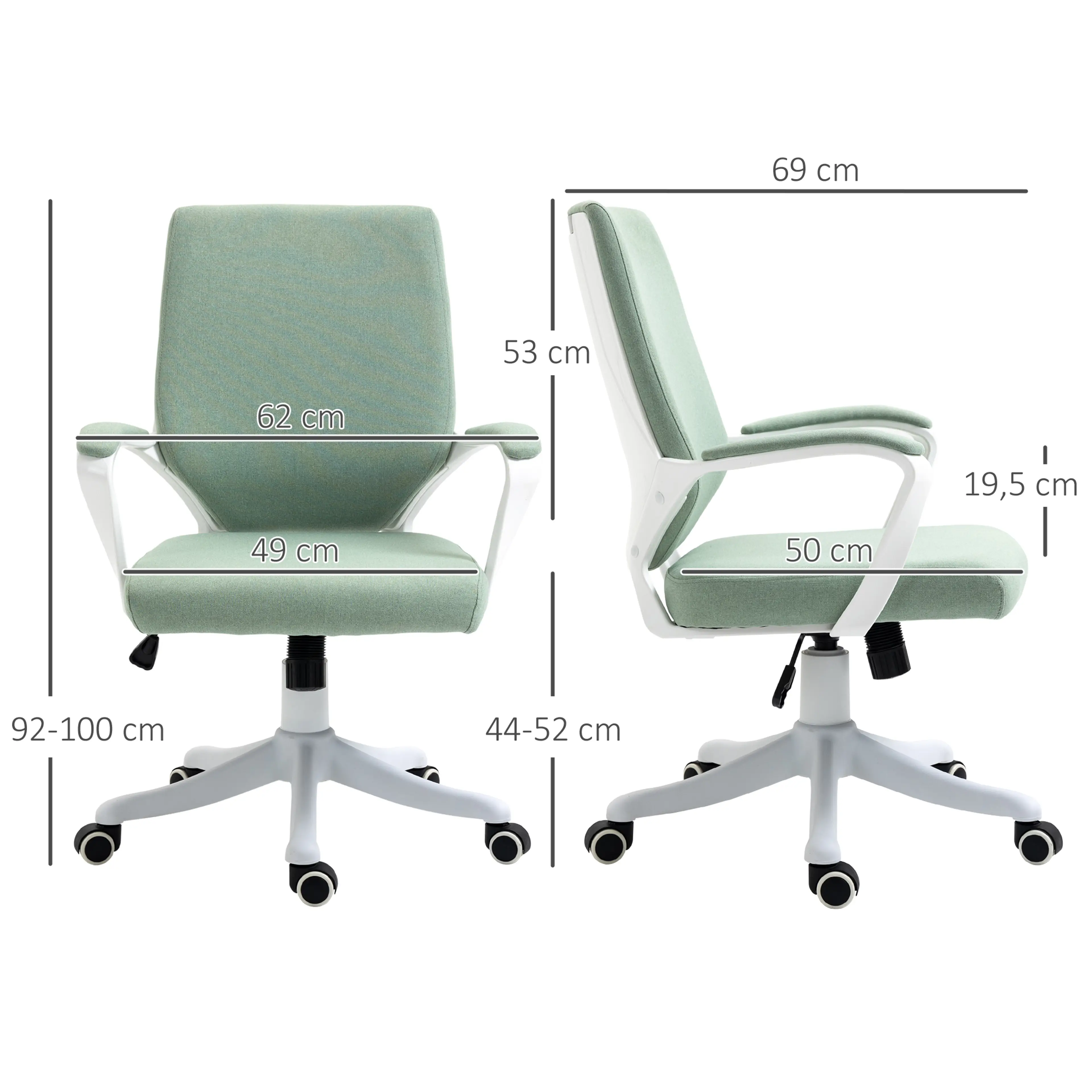 Måttritning med bredd 69 cm, rygg 53 cm, sitthöjd 44–52 cm och armstöd 19,5 cm