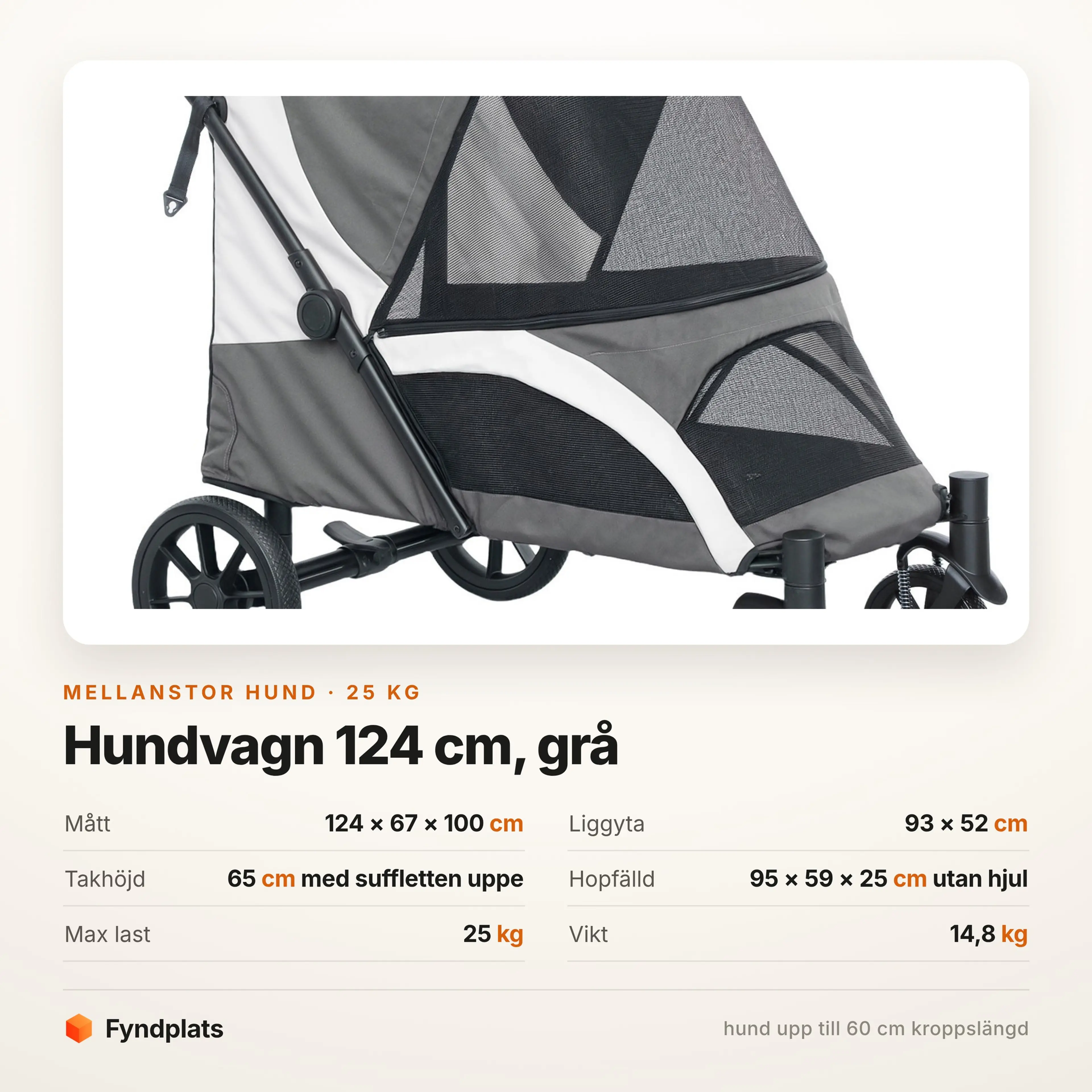 Faktakort: hundvagn 124 cm, liggyta 93 x 52 cm, max last 25 kg