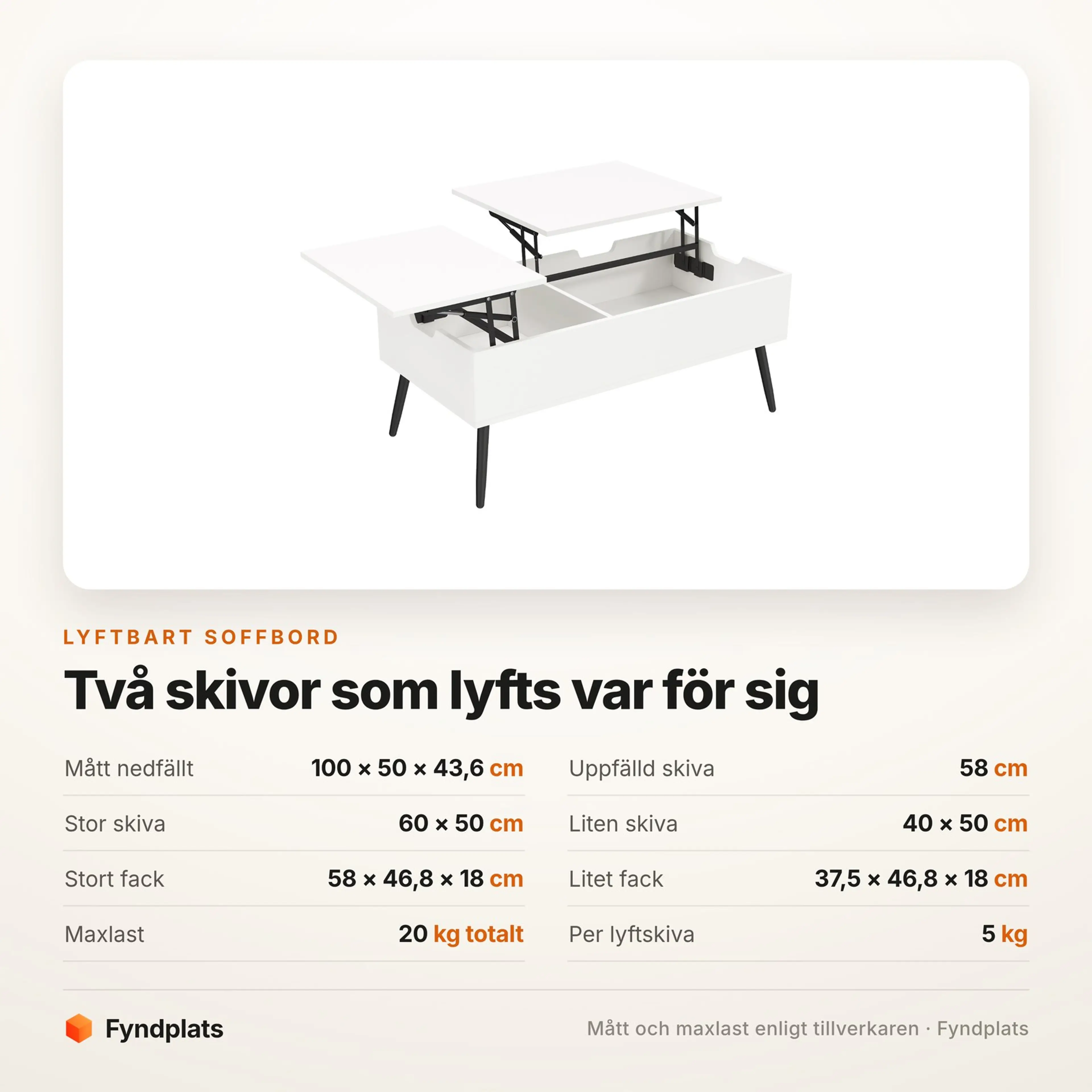 Spec-kort för soffbordet: 100 × 50 × 43,6 cm, uppfälld skiva 58 cm och 20 kg maxlast