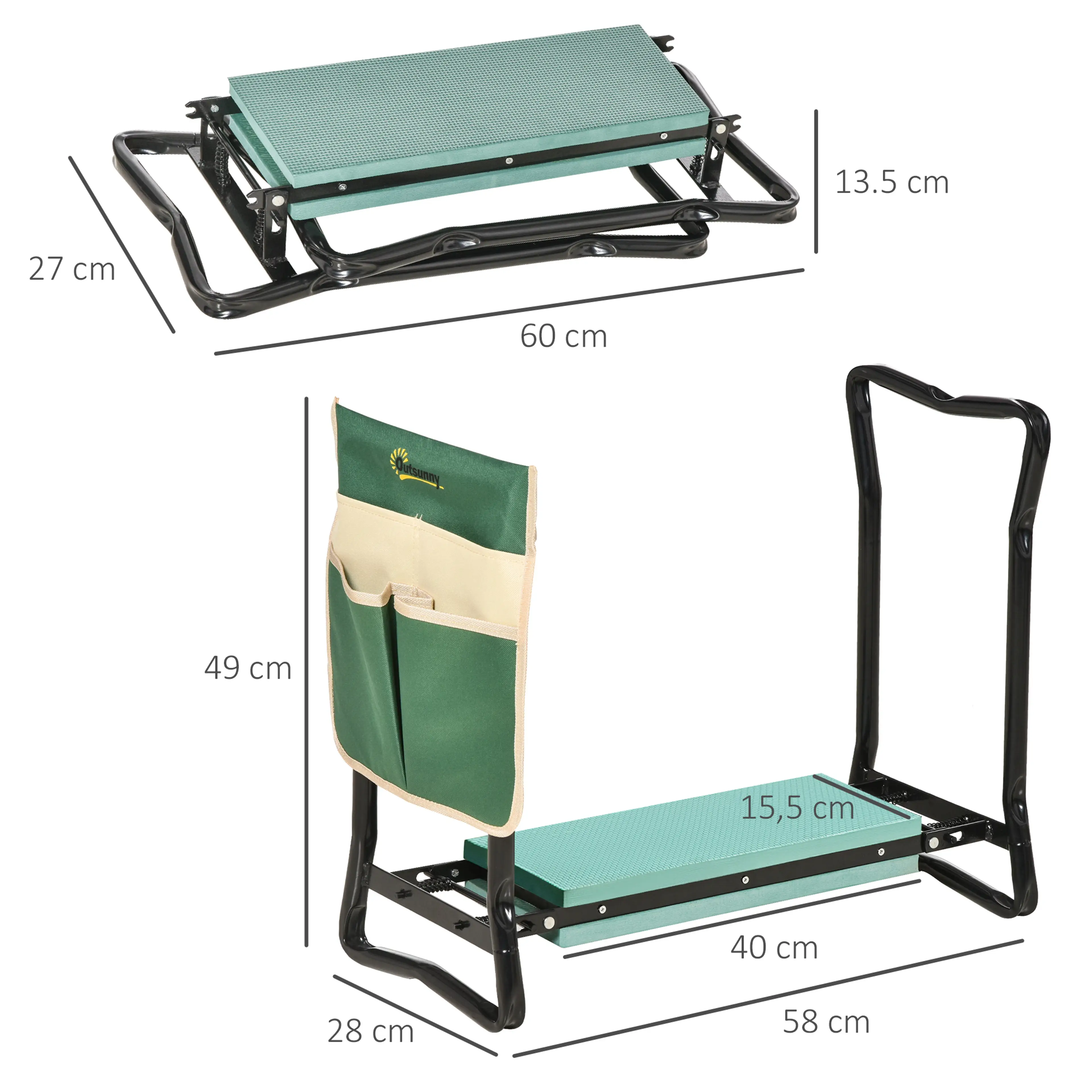 Måttskiss: 58 × 28 × 49 cm utfälld och 60 × 27 × 13,5 cm hopfälld, dyna 40 × 15,5 cm