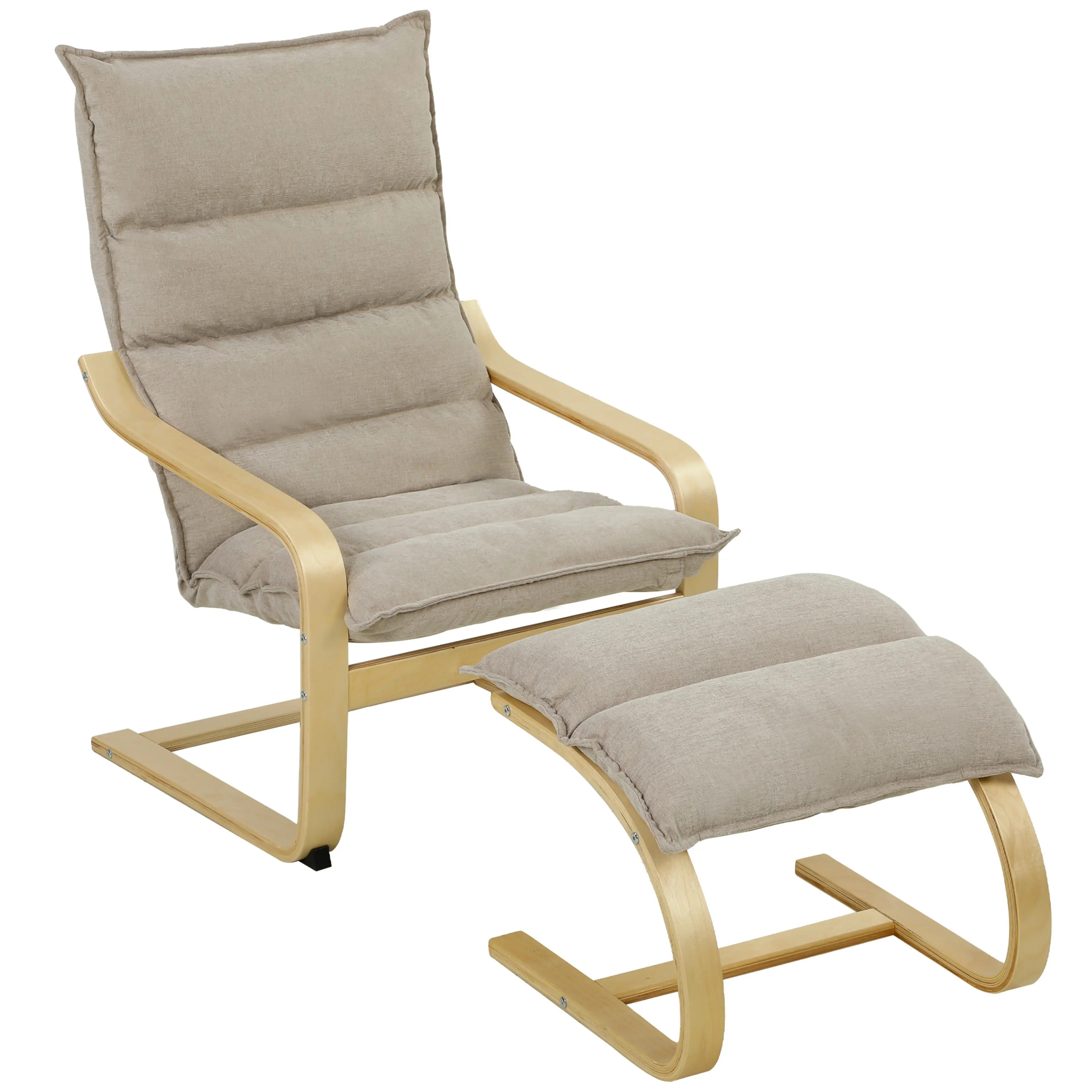 Läsfåtölj i beige linnelook med böjträkarm och lös fotpall