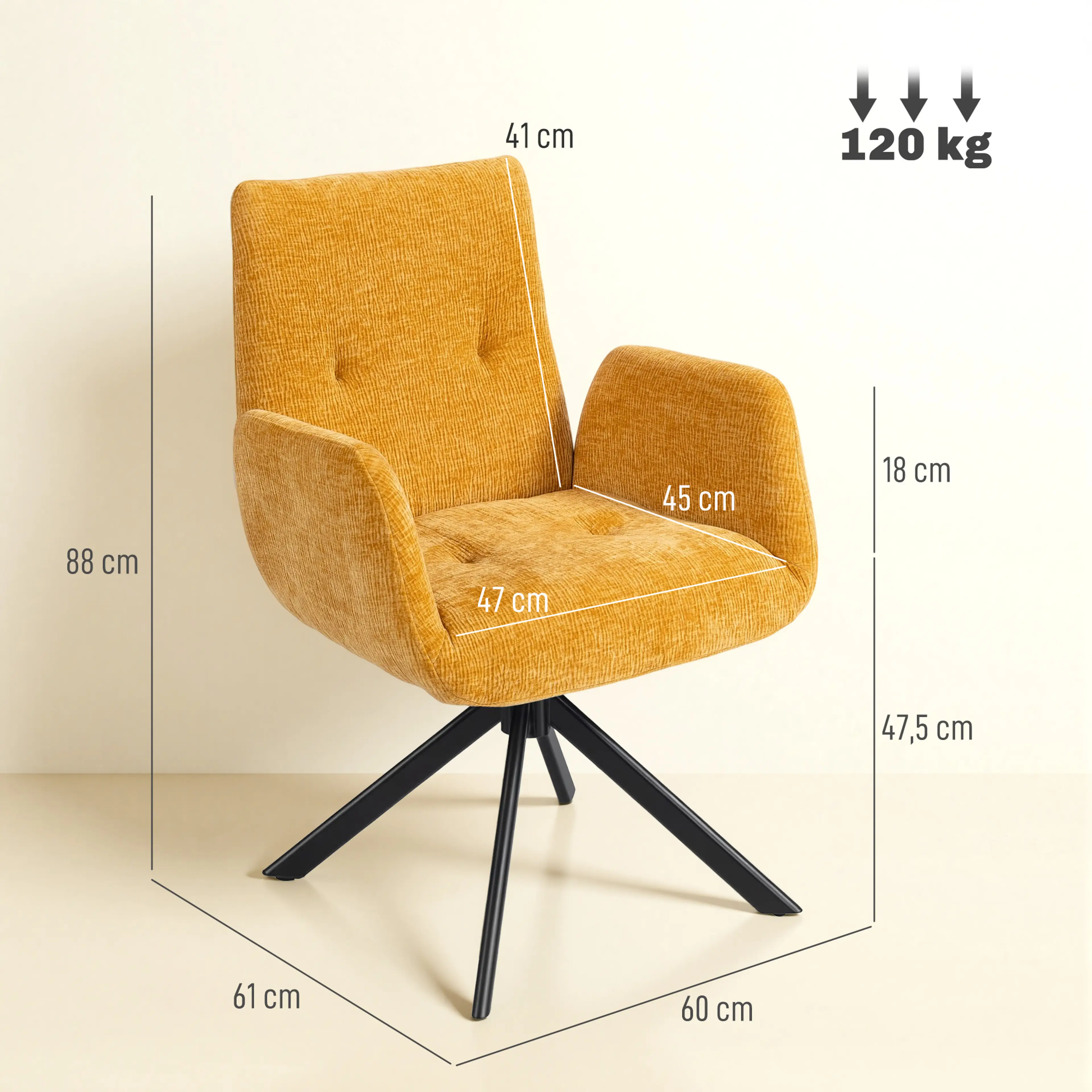 Måttritning: fåtöljen är 60 cm bred, 61 cm djup och 88 cm hög, sitsen 47 × 45 cm på 47,5 cm höjd
