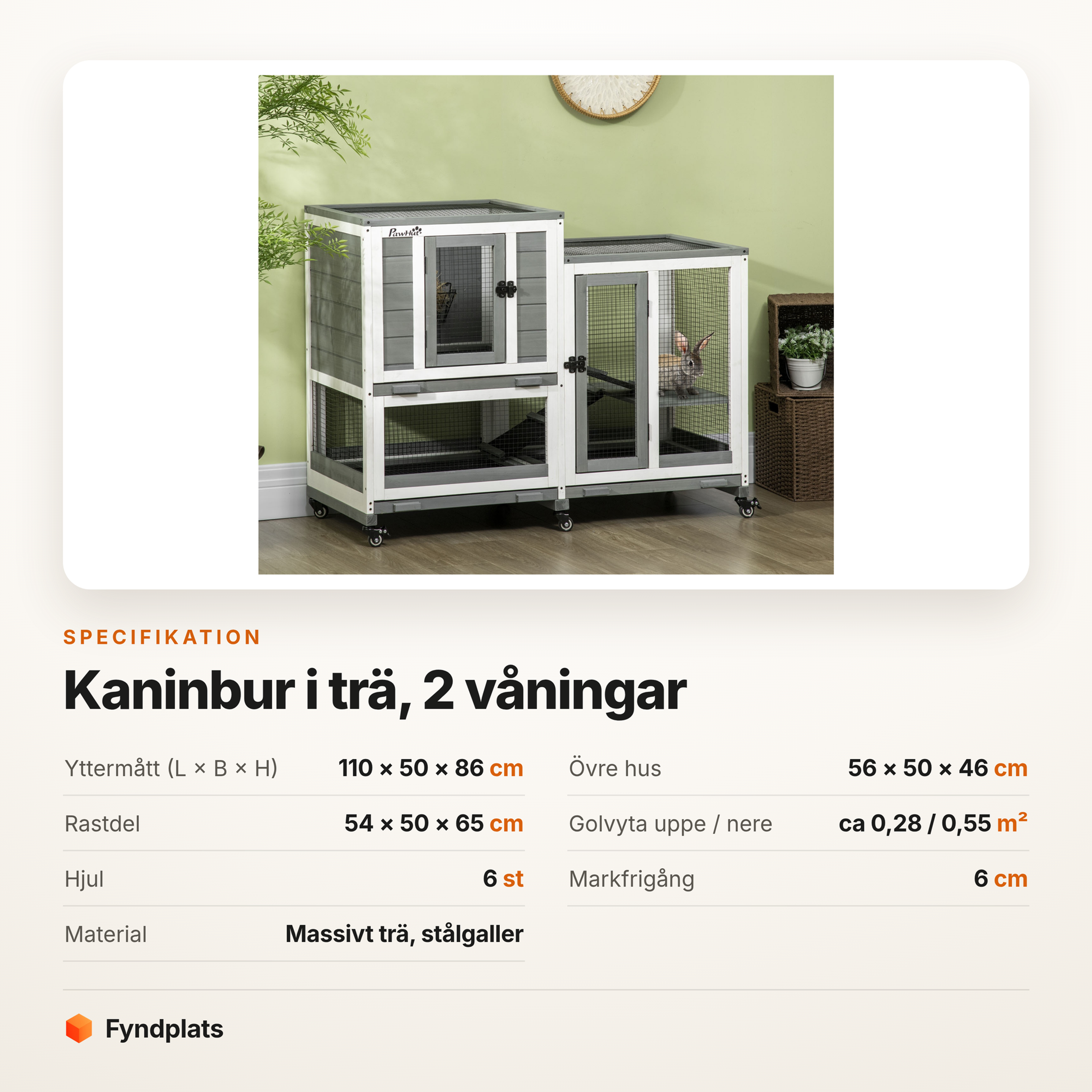Fyndplats specifikationskort för kaninburen i trä: 110 × 50 × 86 cm, övre hus 56 × 50 × 46 cm, rastdel 54 × 50 × 65 cm, sex hjul, massivt trä och stålgaller.