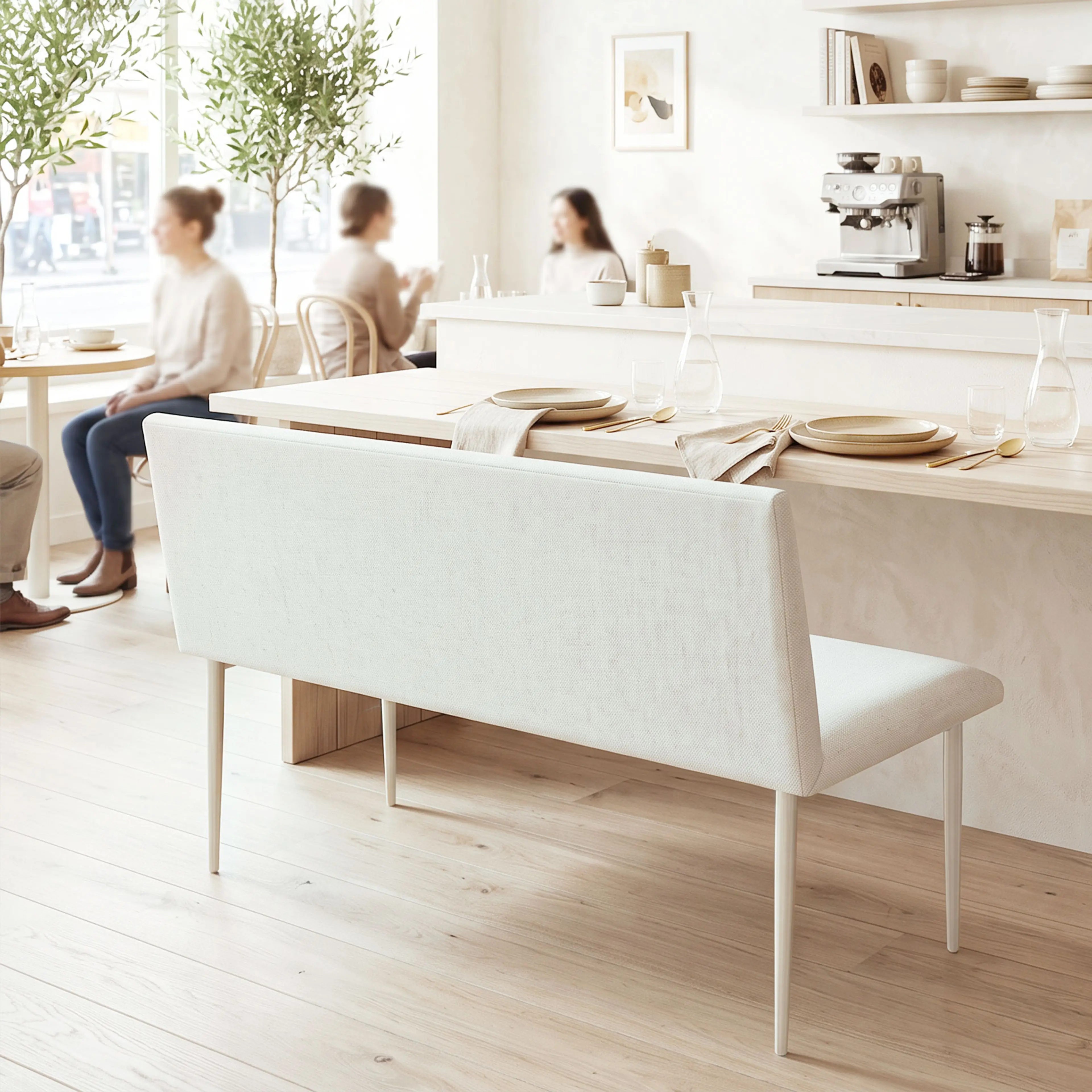 Bänken vid ett långbord i ett ljust kafé med tre personer i bakgrunden