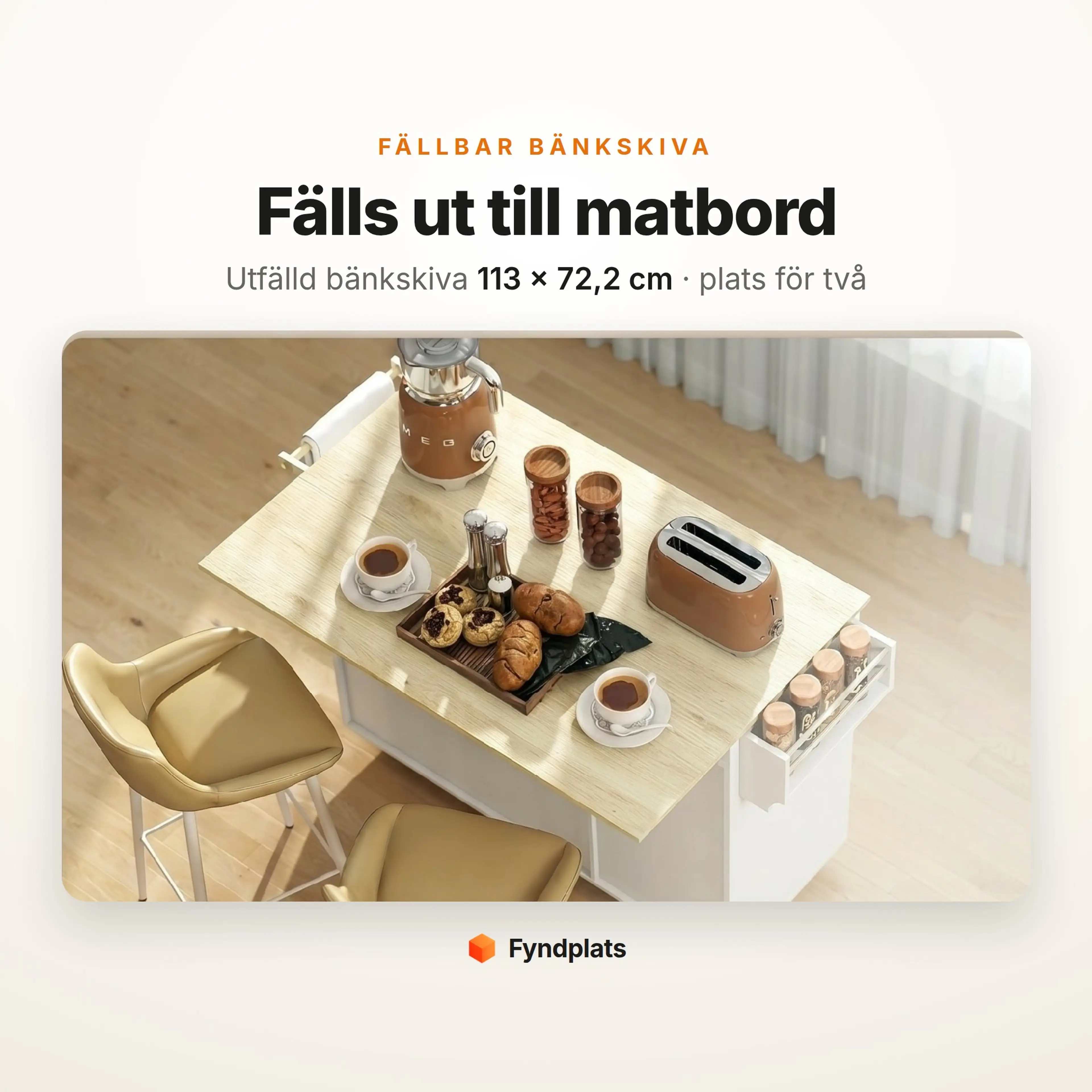 Fällbar bänkskiva utfälld till matbord för två personer, 113 × 72,2 cm