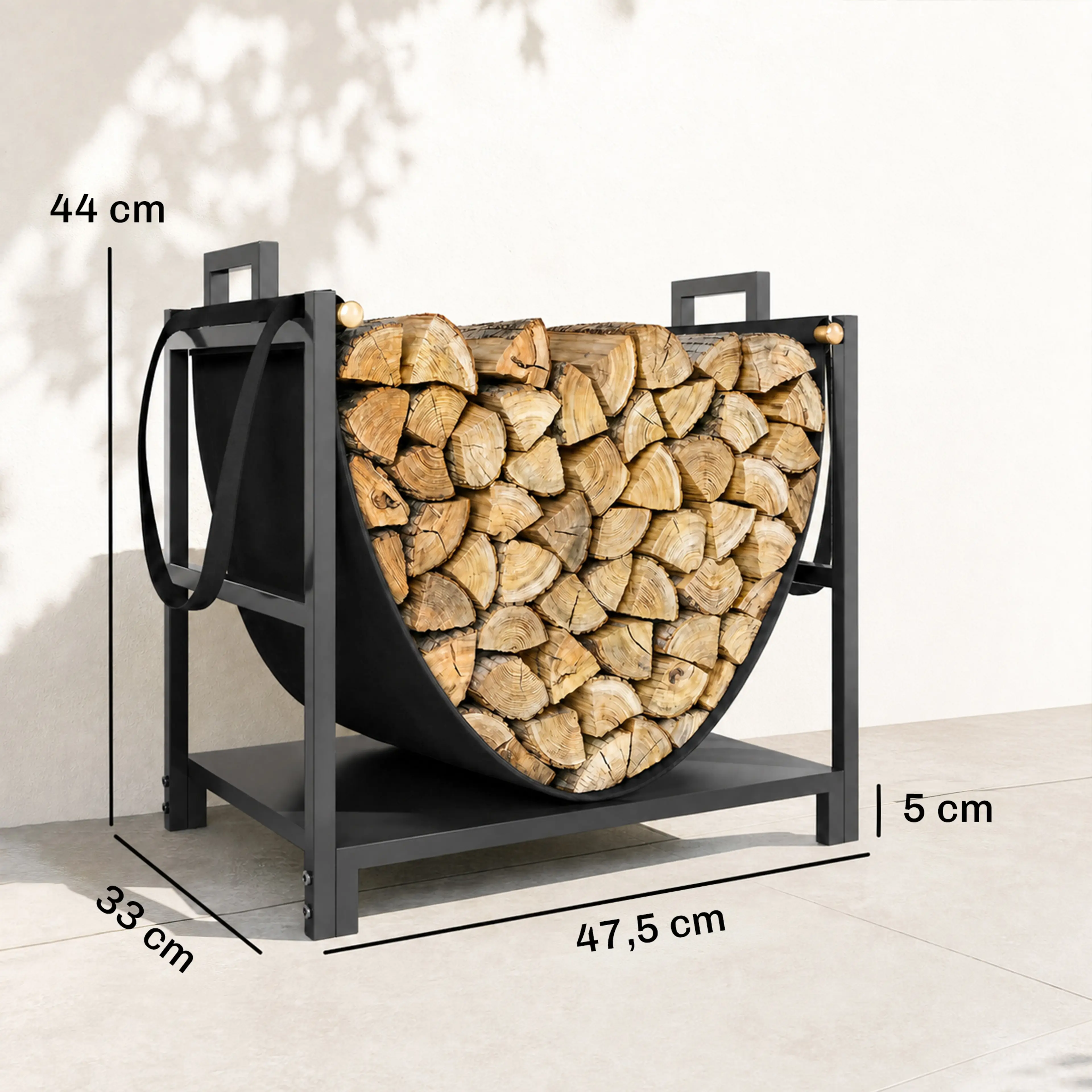 Måttskiss som visar 47,5 cm bredd, 33 cm djup, 44 cm höjd och 5 cm markfrigång